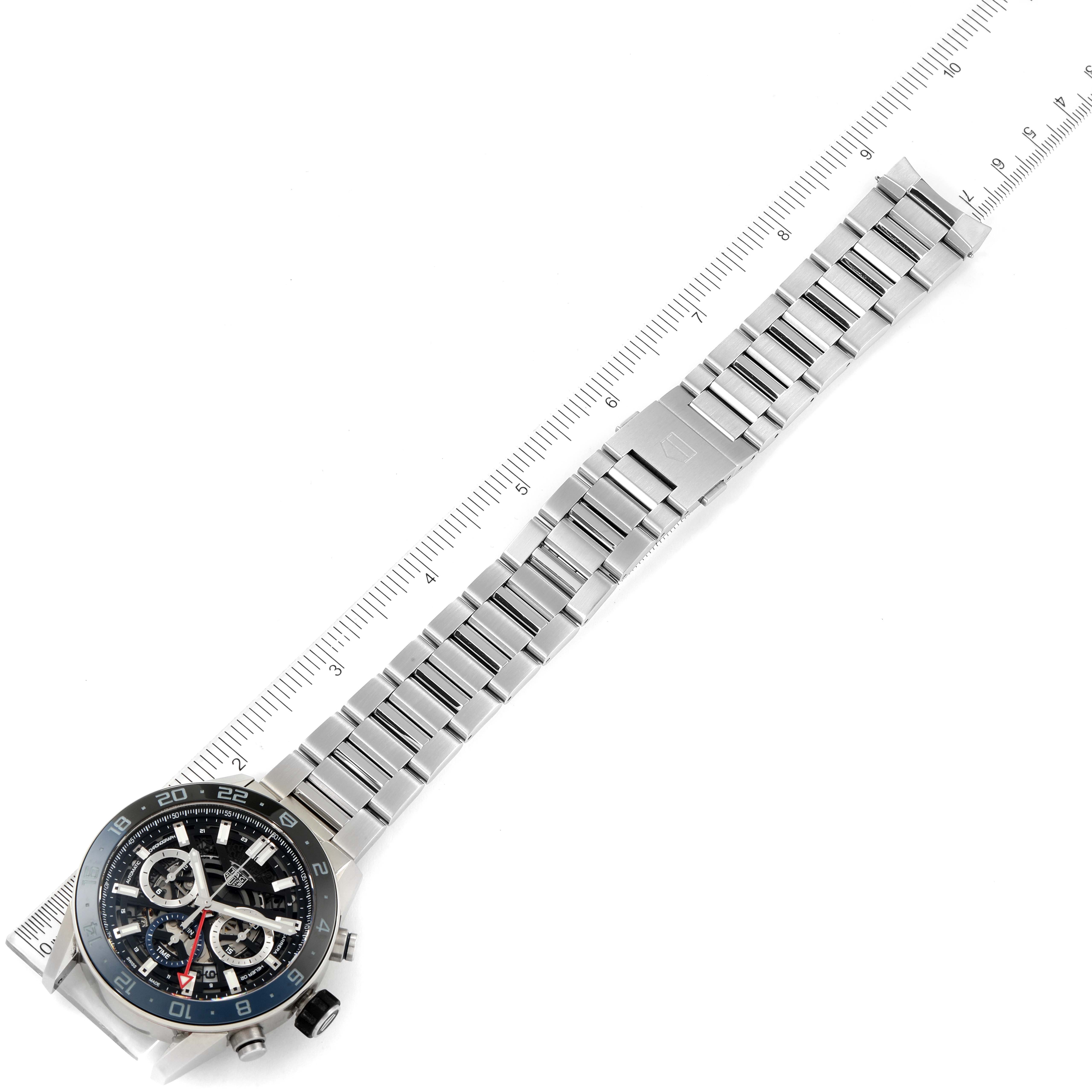 The image shows a Tag Heuer Carrera CBG2A1Z.BA0658 Men
s Stainless Steel Black Dial CBG2A1Z.BA0658 Men
s Stainless Steel Black Dial watch at an angled top-down view, highlighting its face and stainless steel bracelet.