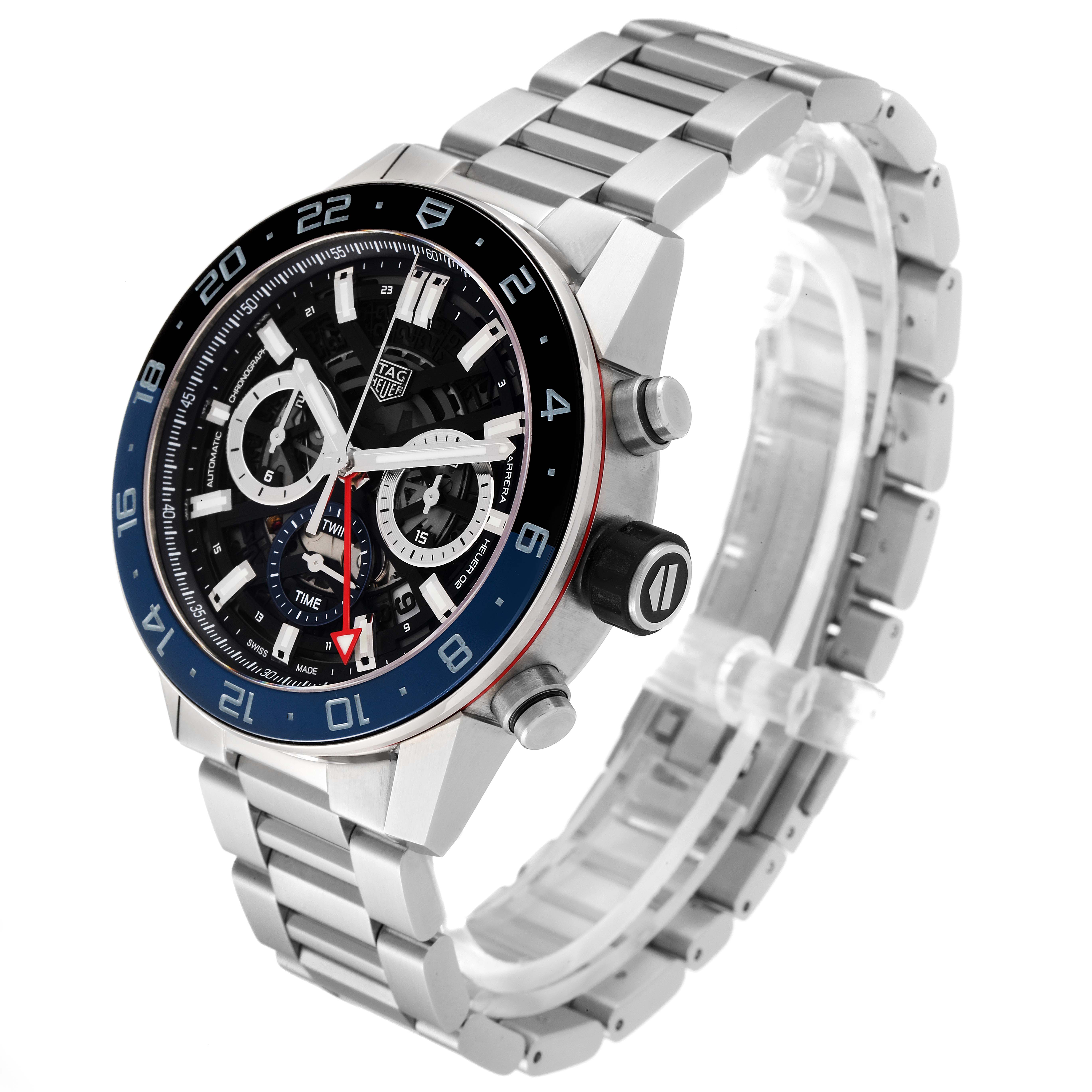 The image shows a Tag Heuer Carrera CBG2A1Z.BA0658 Men
s Stainless Steel Black Dial CBG2A1Z.BA0658 Men
s Stainless Steel Black Dial watch from an angled side view, highlighting the face, bezel, and metal bracelet.