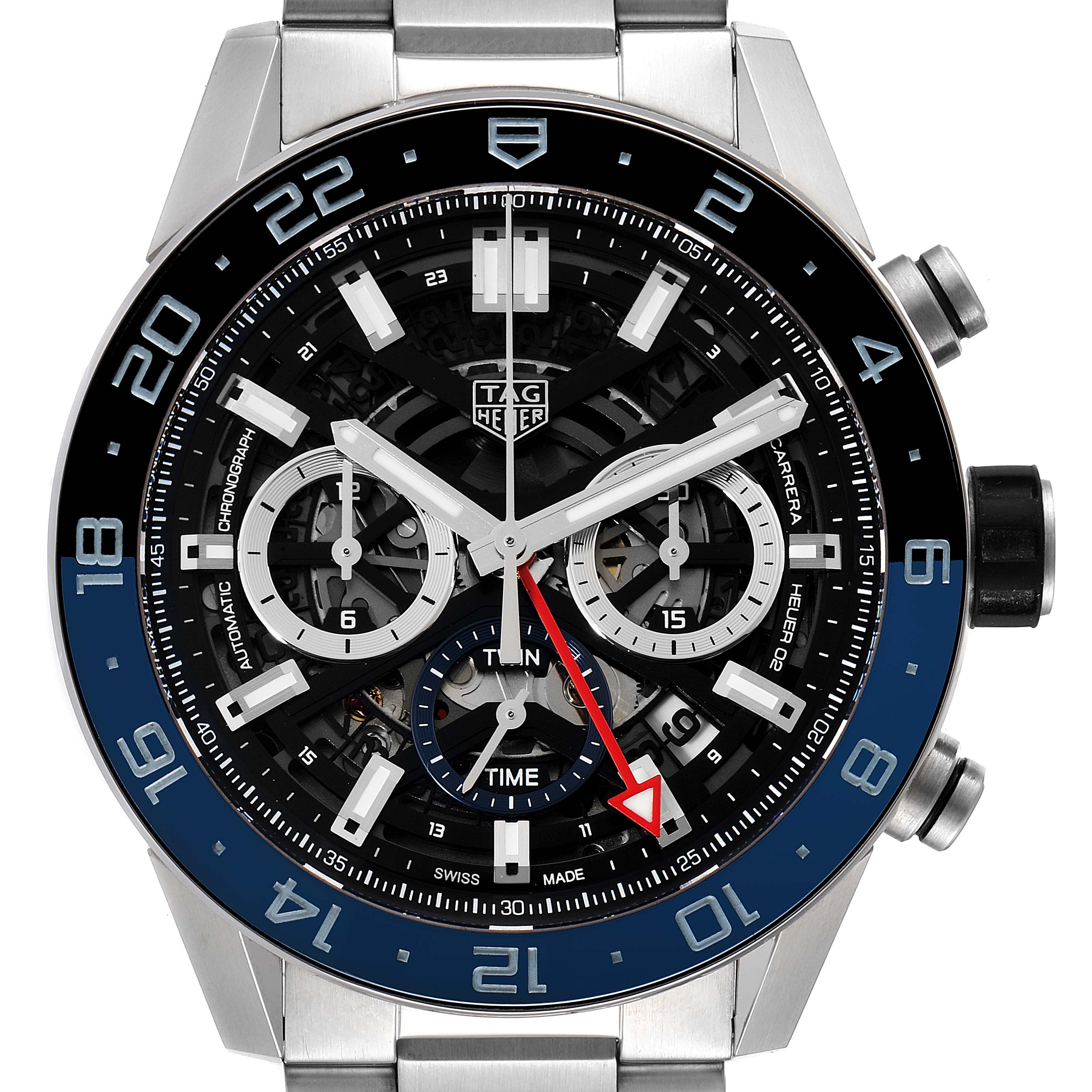 The image shows a close-up view of the face and bezel of the Tag Heuer Carrera CBG2A1Z.BA0658 Men
s Stainless Steel Black Dial CBG2A1Z.BA0658 Men
s Stainless Steel Black Dial watch, highlighting its chronograph dials and intricate design.