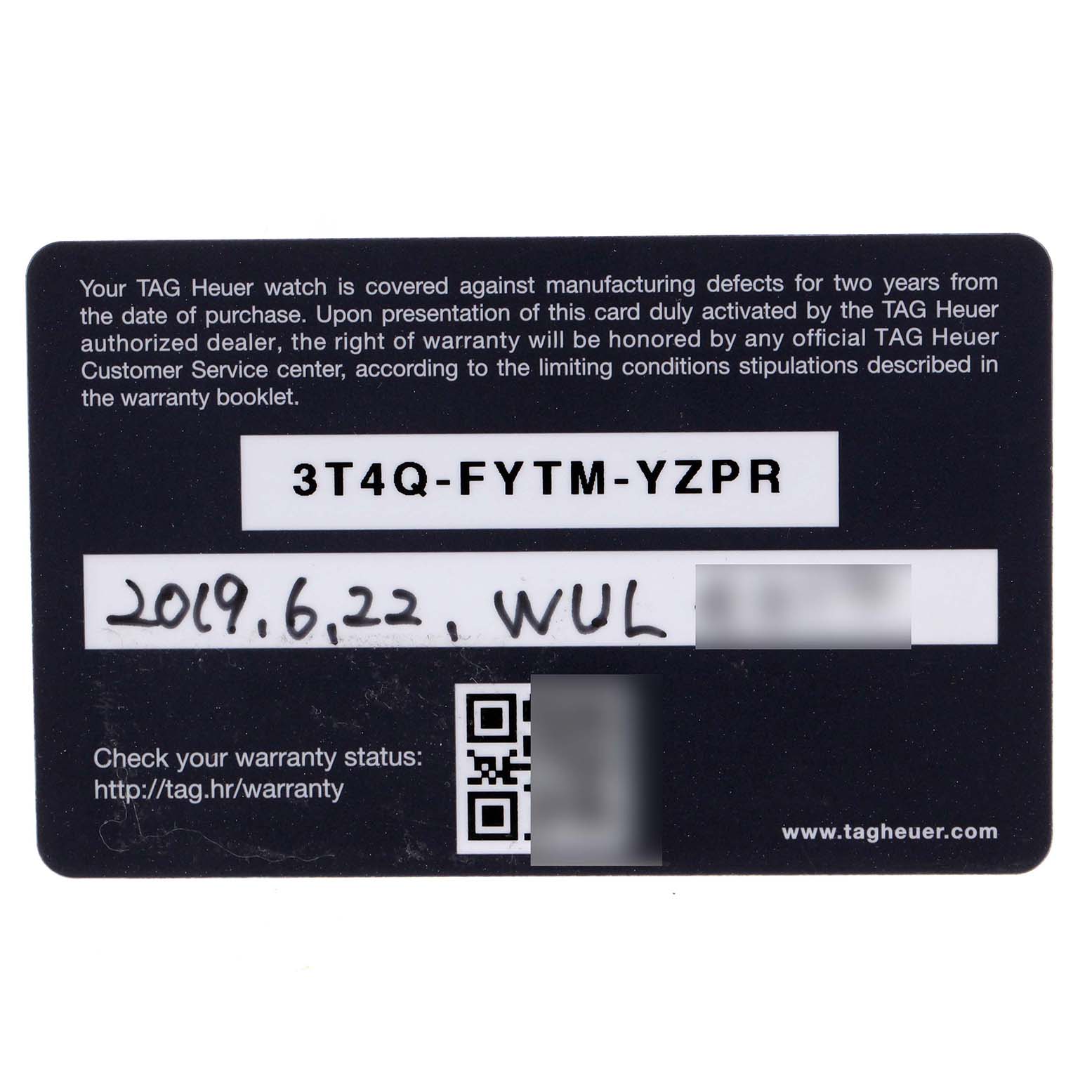 This image shows the warranty card for a Tag Heuer Carrera CBG2A1Z.BA0658 Men
s Stainless Steel Black Dial CBG2A1Z.BA0658 Men
s Stainless Steel Black Dial model watch, including a warranty code and purchase information.