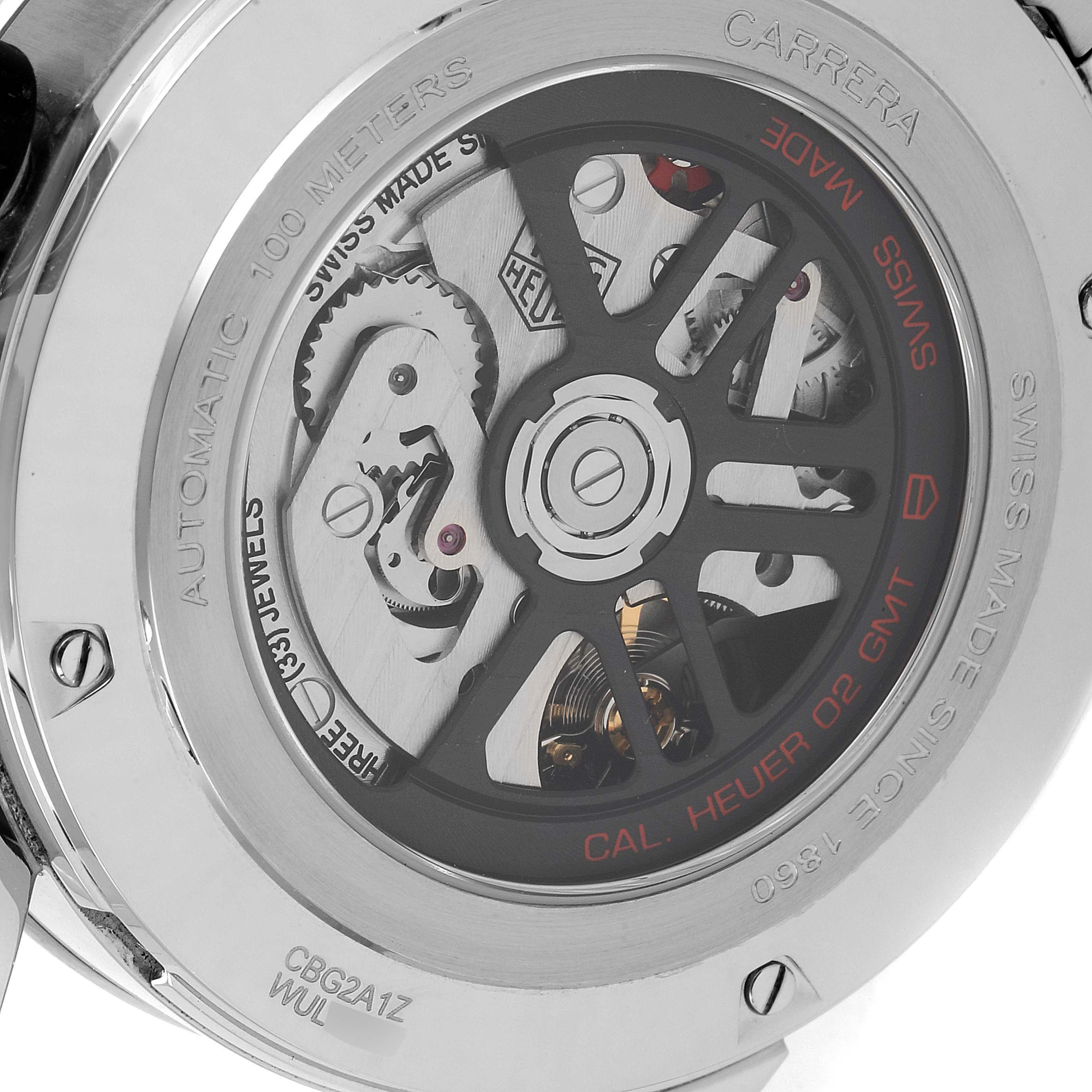 The image shows the back view of the Tag Heuer Carrera CBG2A1Z.BA0658 Men
s Stainless Steel Black Dial CBG2A1Z.BA0658 Men
s Stainless Steel Black Dial watch, highlighting its automatic movement and intricate internal parts.