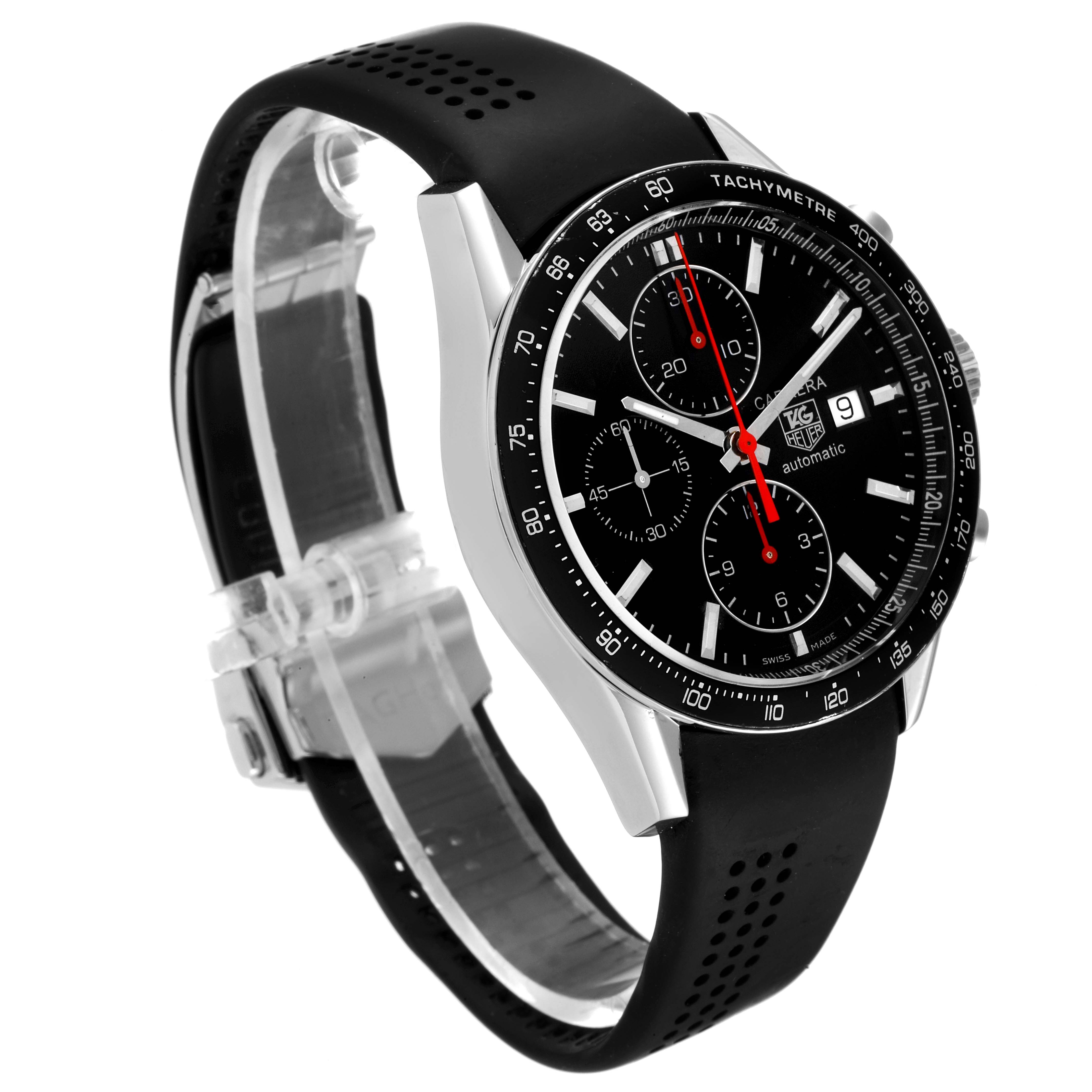 The image shows a Tag Heuer Carrera CV2014.FC6233 Men
s Stainless Steel Black Dial CV2014.FC6233 Men
s Stainless Steel Black Dial watch, angled to display the black dial, chronograph, and date display, along with its black rubber strap.