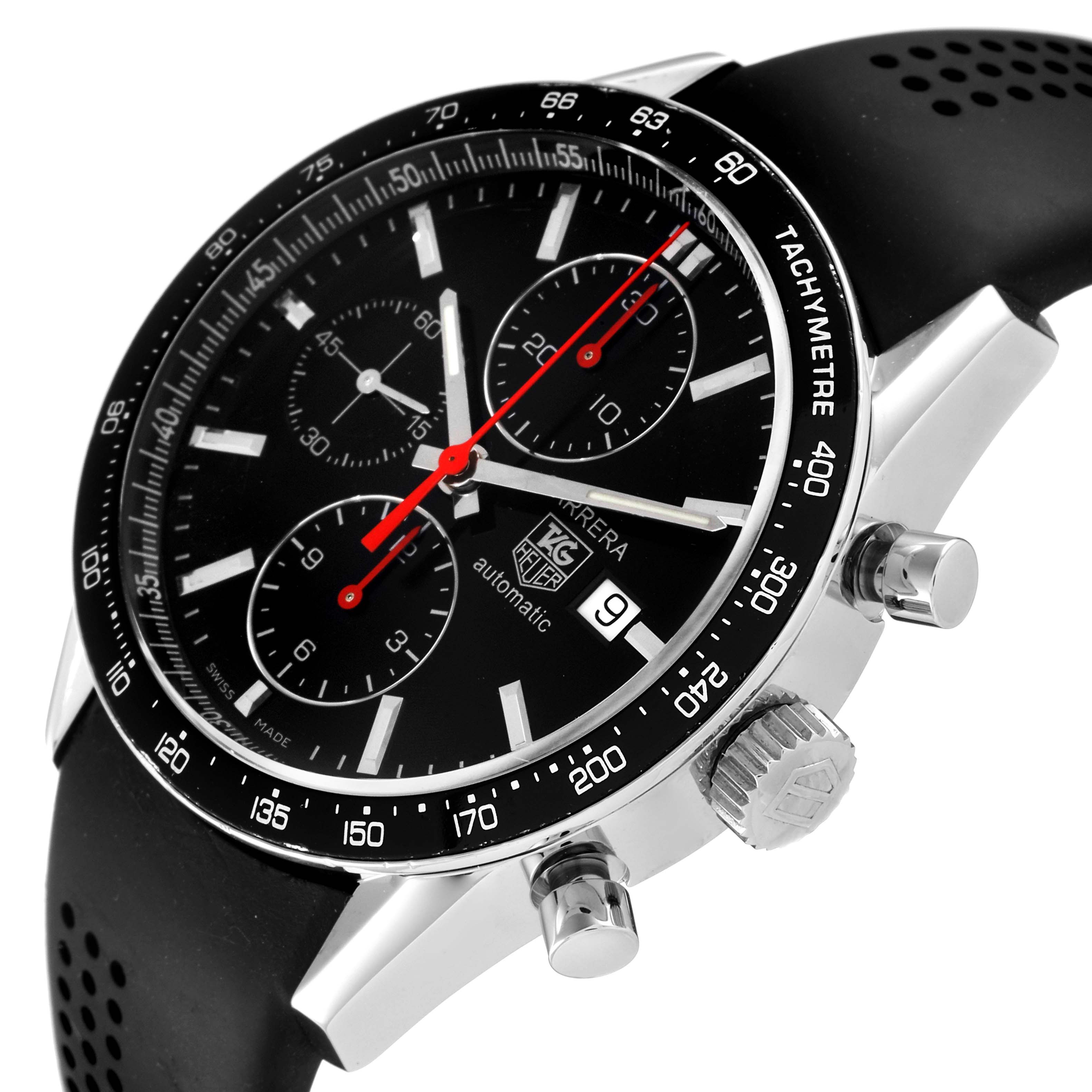 The Tag Heuer Carrera CV2014.FC6233 Men
s Stainless Steel Black Dial CV2014.FC6233 Men
s Stainless Steel Black Dial watch is shown at an angle showcasing the dial, bezel, crown, pushers, and a portion of the strap.