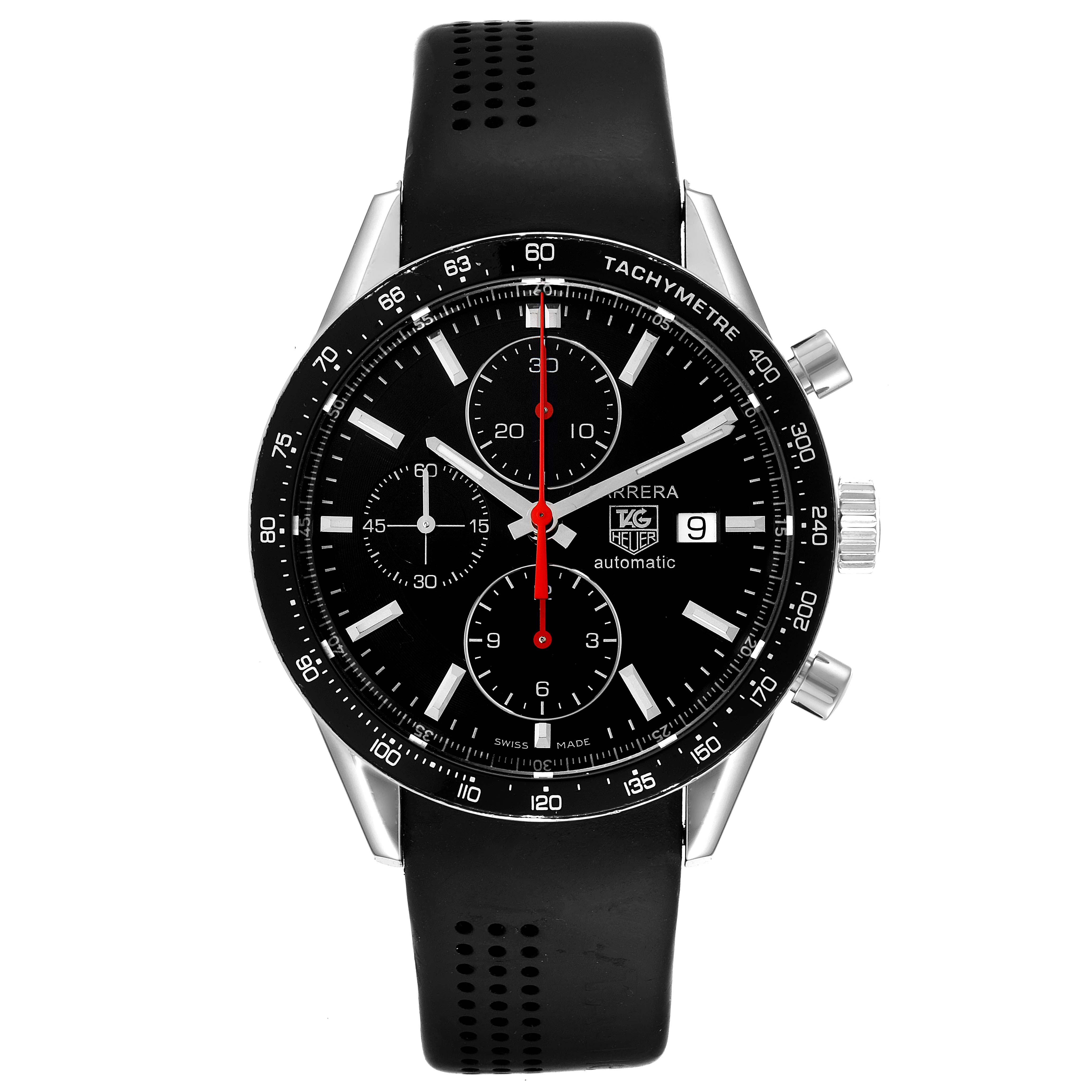 The Tag Heuer Carrera CV2014.FC6233 Men
s Stainless Steel Black Dial CV2014.FC6233 Men
s Stainless Steel Black Dial watch is shown from the front, featuring the face, tachymeter, and rubber strap.