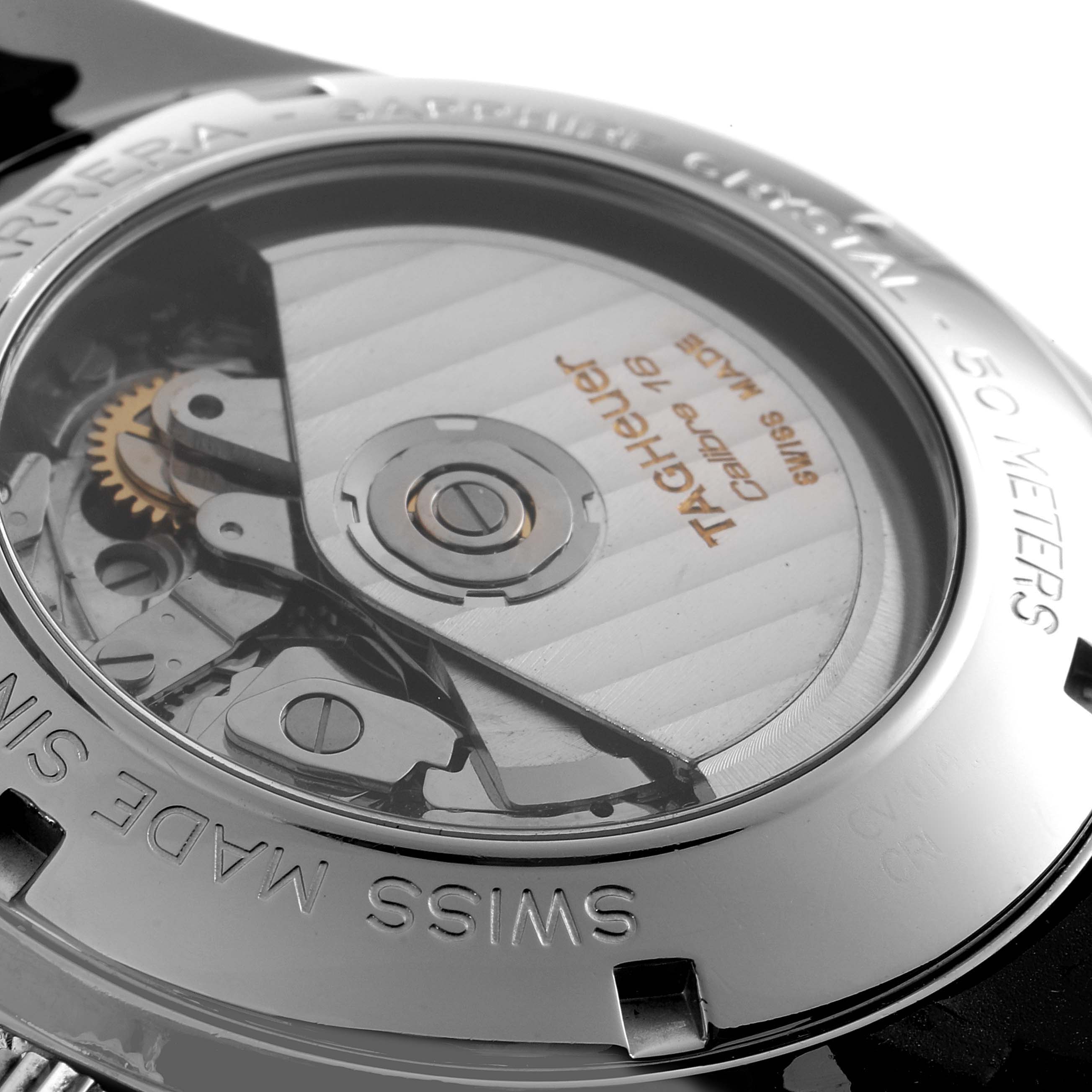The image shows a close-up of the back case of a Tag Heuer Carrera CV2014.FC6233 Men
s Stainless Steel Black Dial CV2014.FC6233 Men
s Stainless Steel Black Dial watch, displaying its inner mechanical components.