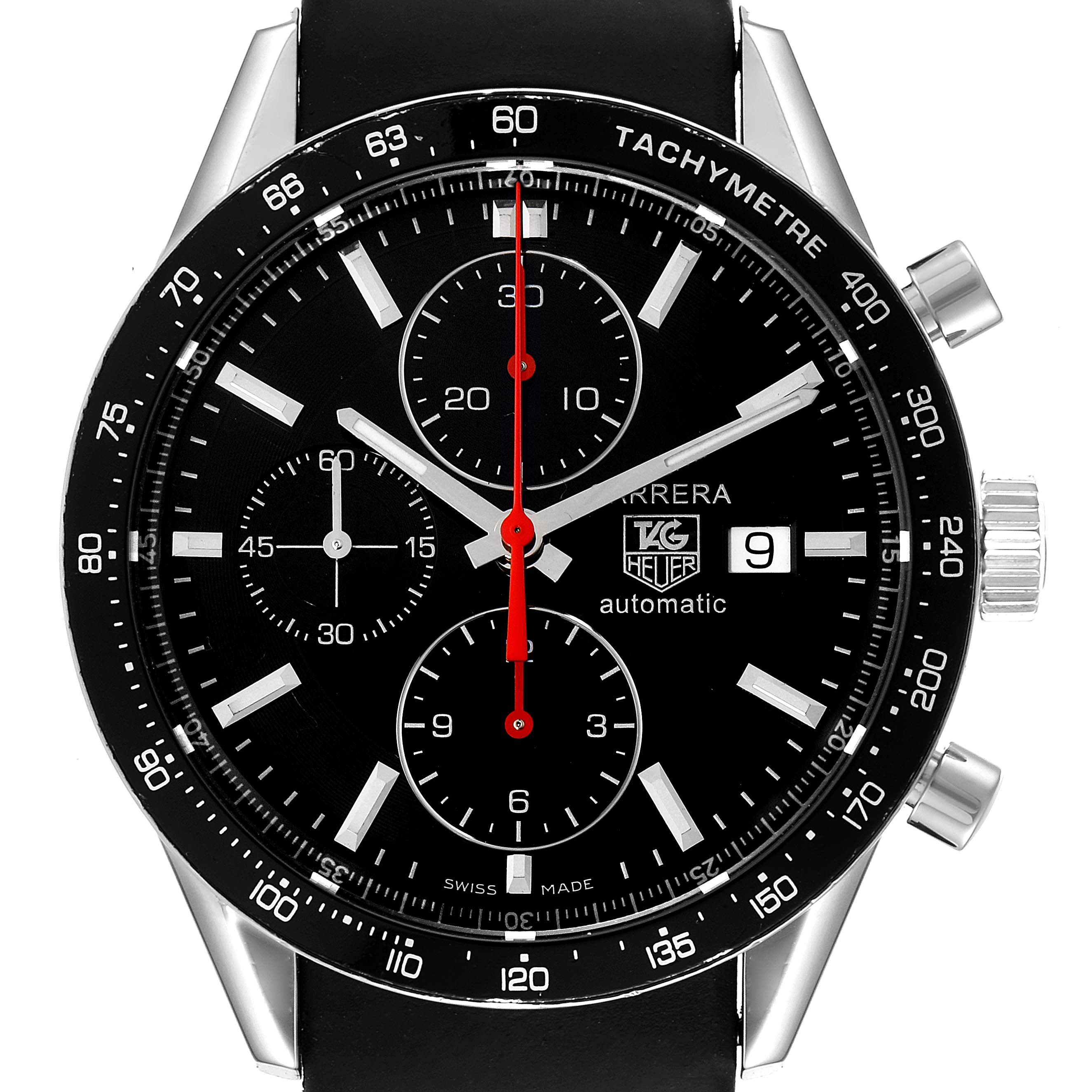 The image shows a front view of a Tag Heuer Carrera CV2014.FC6233 Men
s Stainless Steel Black Dial CV2014.FC6233 Men
s Stainless Steel Black Dial watch, featuring a black dial, tachymeter bezel, and chronograph sub-dials.