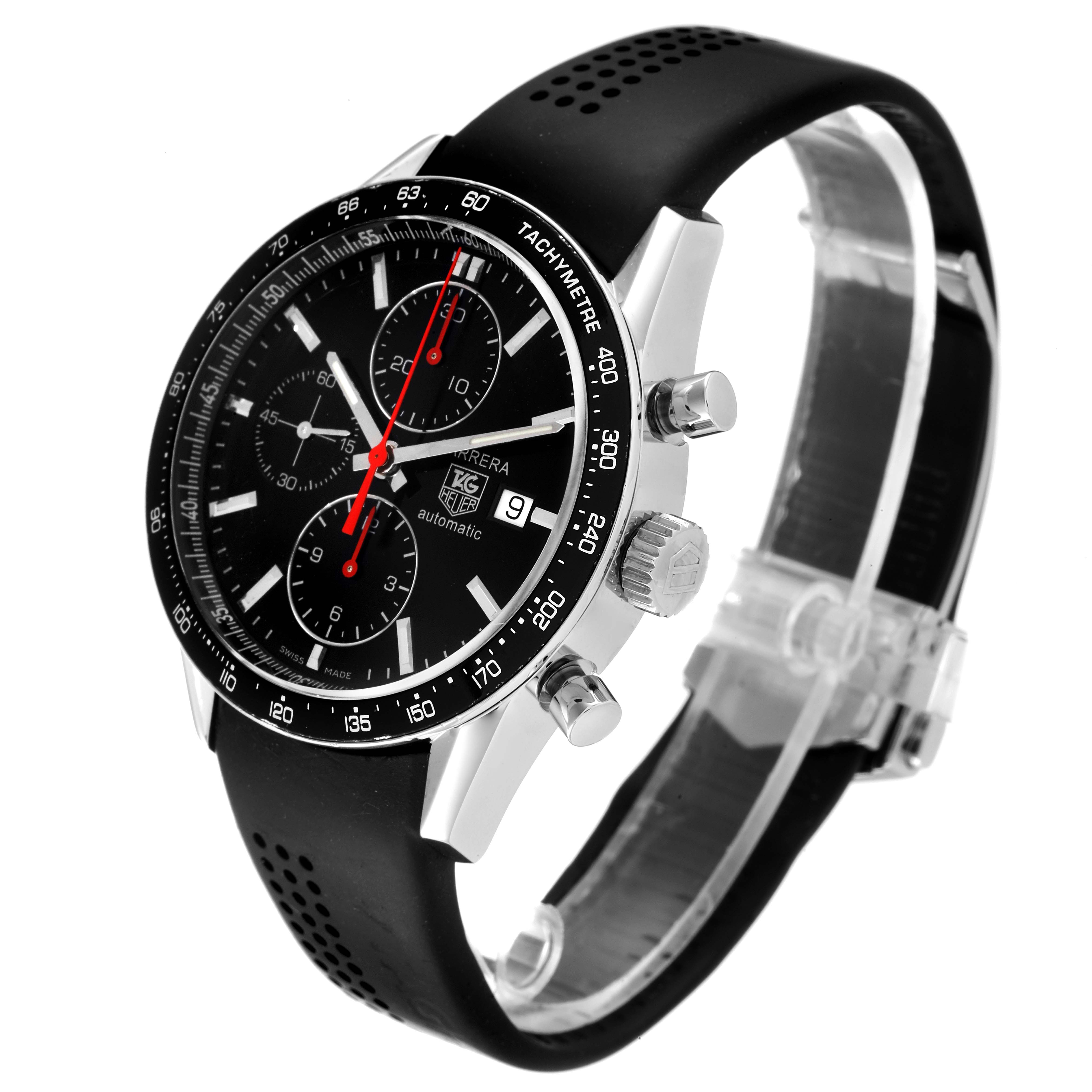 The image shows a Tag Heuer Carrera CV2014.FC6233 Men
s Stainless Steel Black Dial CV2014.FC6233 Men
s Stainless Steel Black Dial watch at a three-quarter angle, highlighting its face, bezel, pushers, and strap.