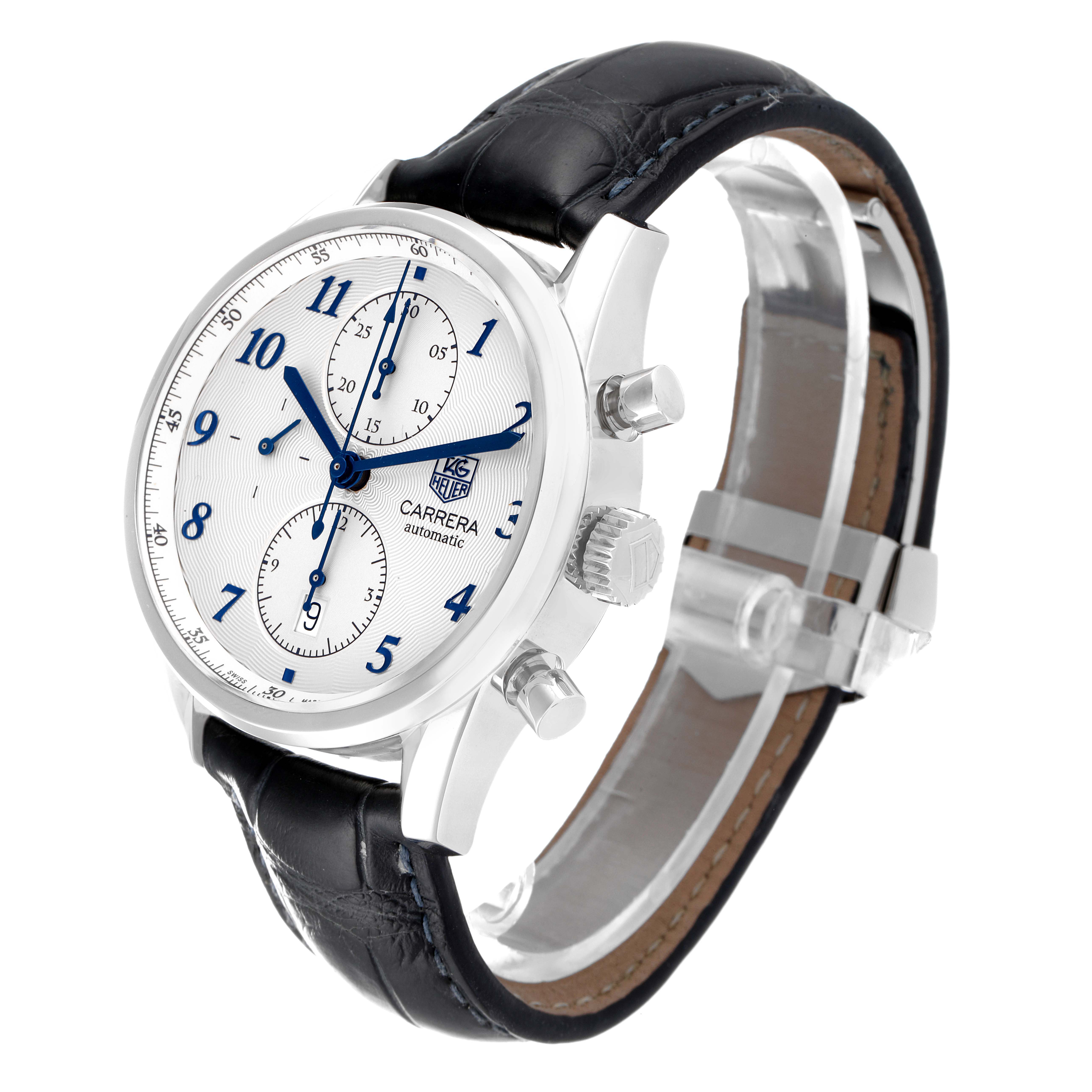 The image shows a side-angle view of the Tag Heuer Carrera CAS2111 Men's Stainless Steel Silver Dial CAS2111 Men's Stainless Steel Silver Dial watch, highlighting its dial, case, crown, pushers, and leather strap.