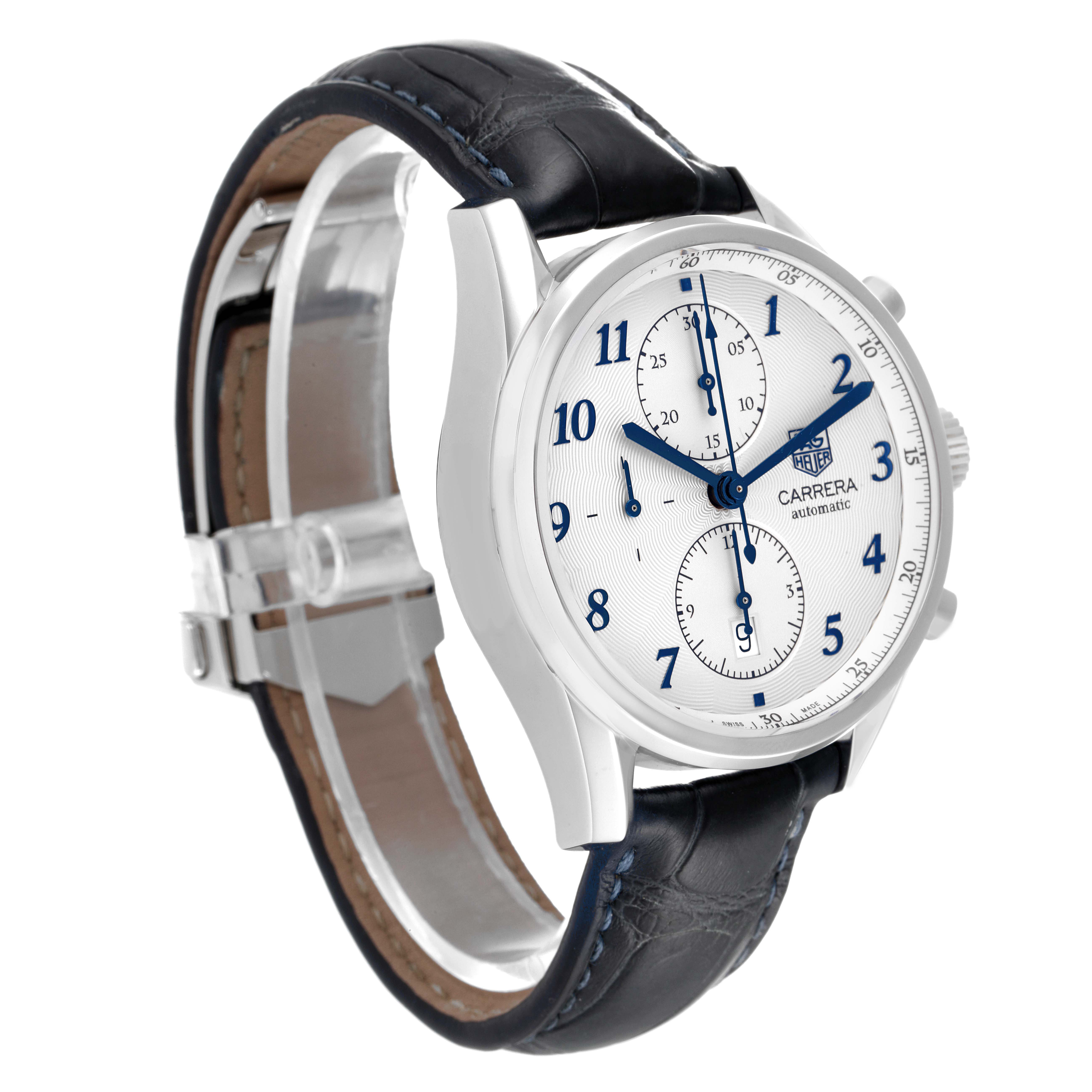 The image shows a Tag Heuer Carrera CAS2111 Men's Stainless Steel Silver Dial CAS2111 Men's Stainless Steel Silver Dial watch at an angle that highlights its face, case, and strap.