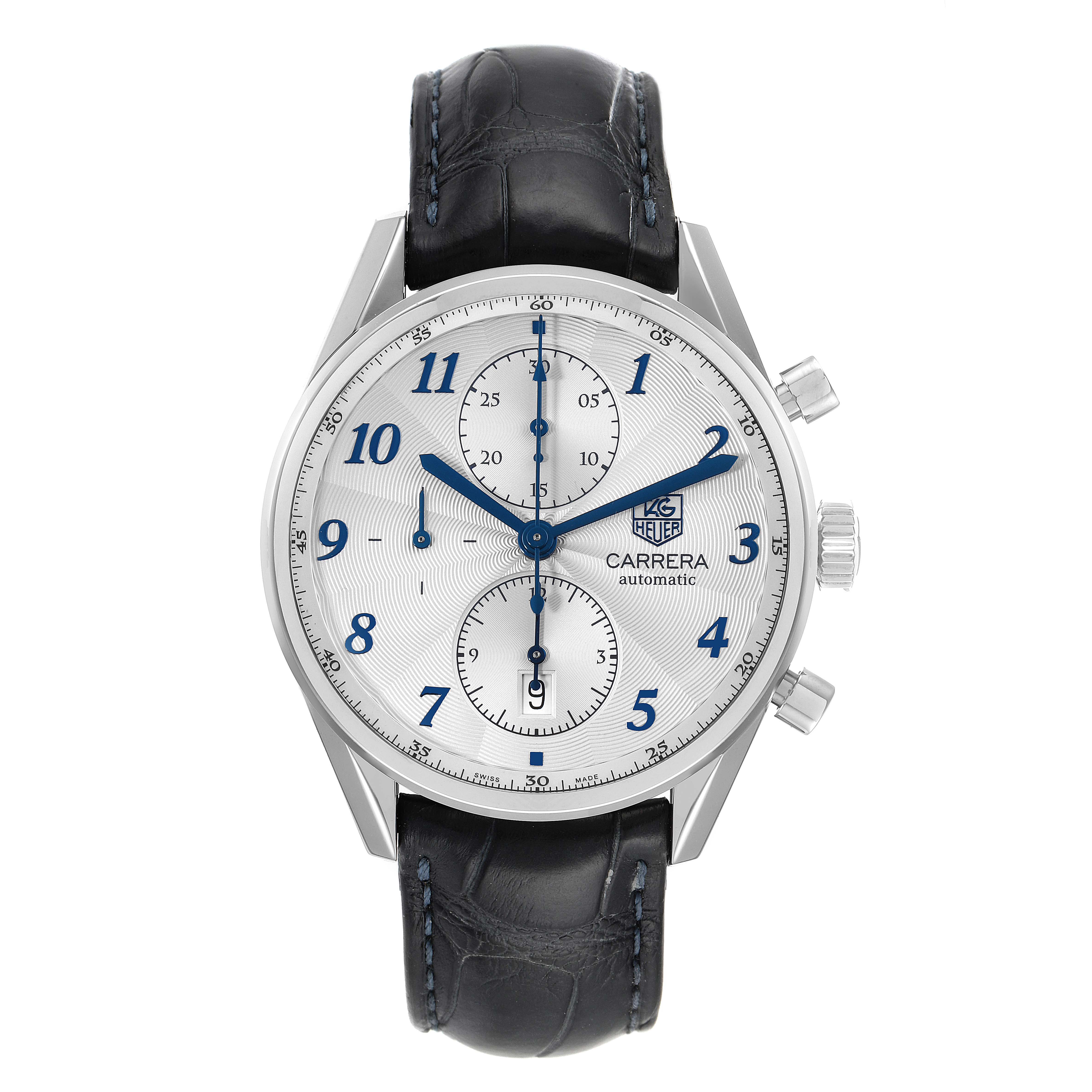 The image shows a front view of the Tag Heuer Carrera CAS2111 Men's Stainless Steel Silver Dial CAS2111 Men's Stainless Steel Silver Dial watch, displaying the dial, hands, subdials, crown, and leather strap.