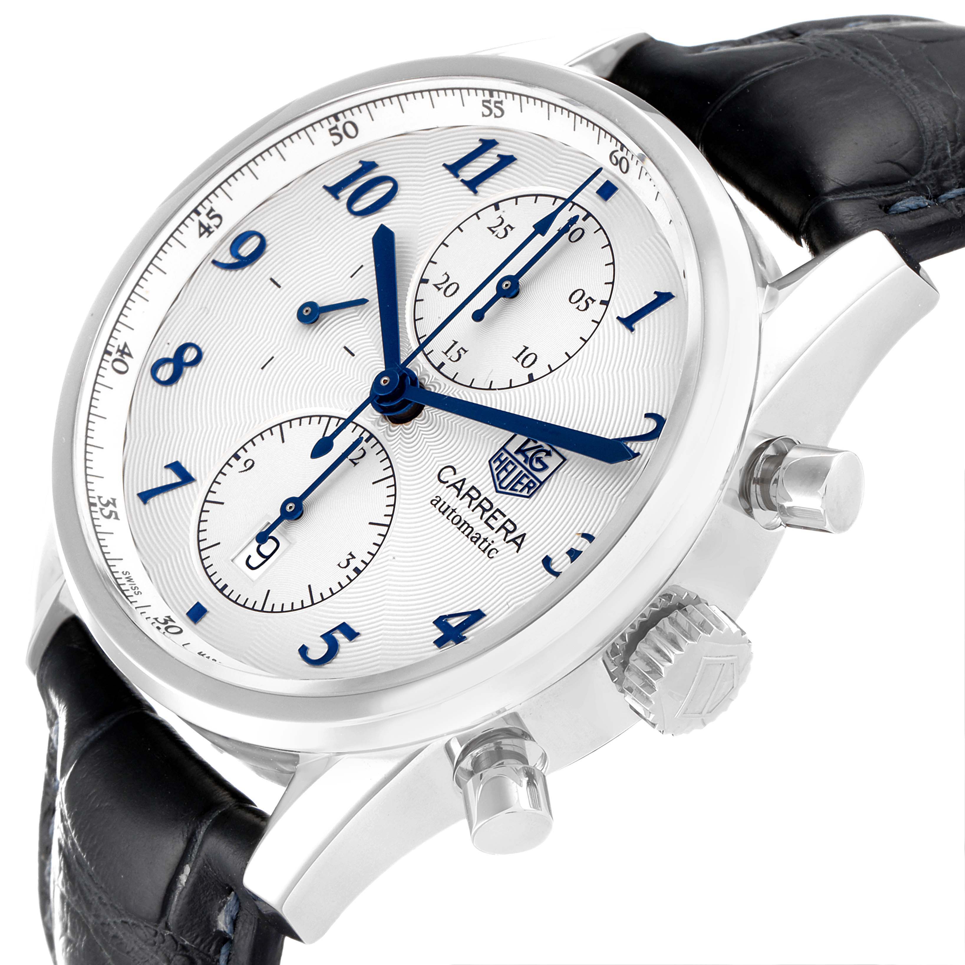 The image shows a close-up angle of the face, case, and leather strap of a Tag Heuer Carrera CAS2111 Men's Stainless Steel Silver Dial CAS2111 Men's Stainless Steel Silver Dial watch.