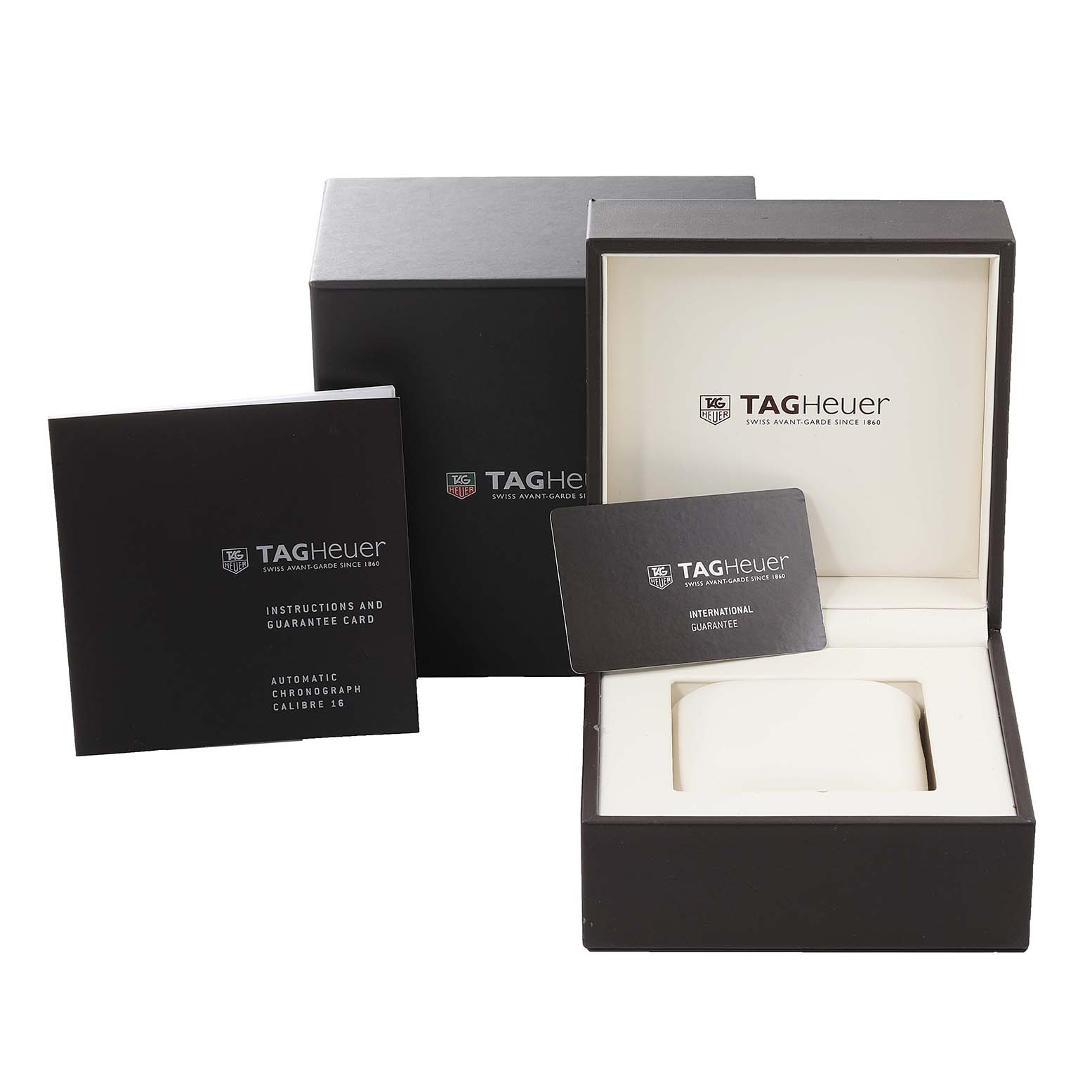 The image shows the Tag Heuer Carrera CAS2111 Men's Stainless Steel Silver Dial CAS2111 Men's Stainless Steel Silver Dial watch box, instruction manual, and guarantee card from a front angle.