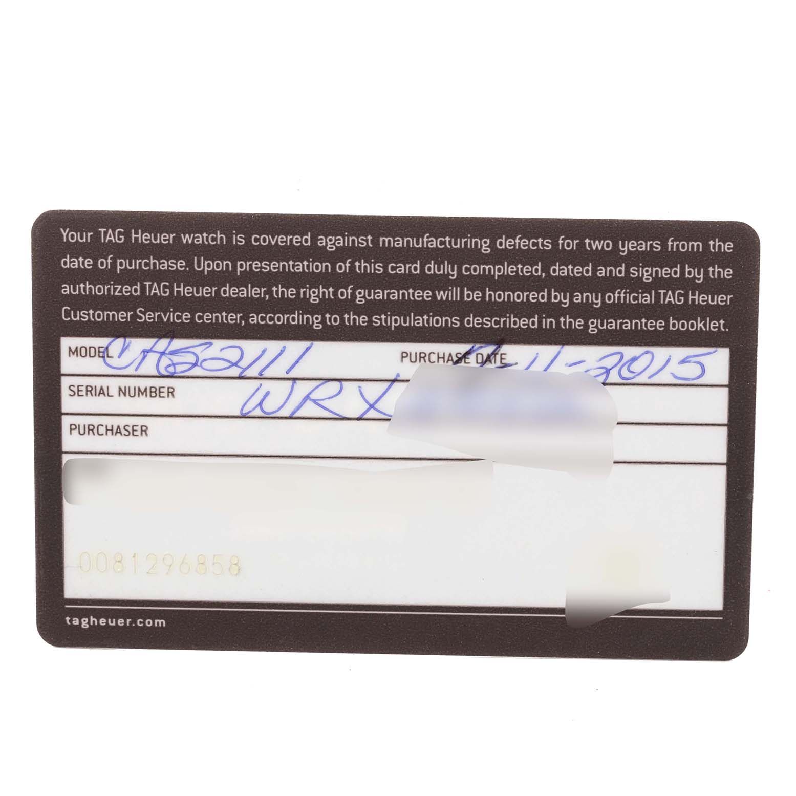 This image shows a Tag Heuer guarantee card for the Carrera model, detailing the model number, serial number, and purchase date.