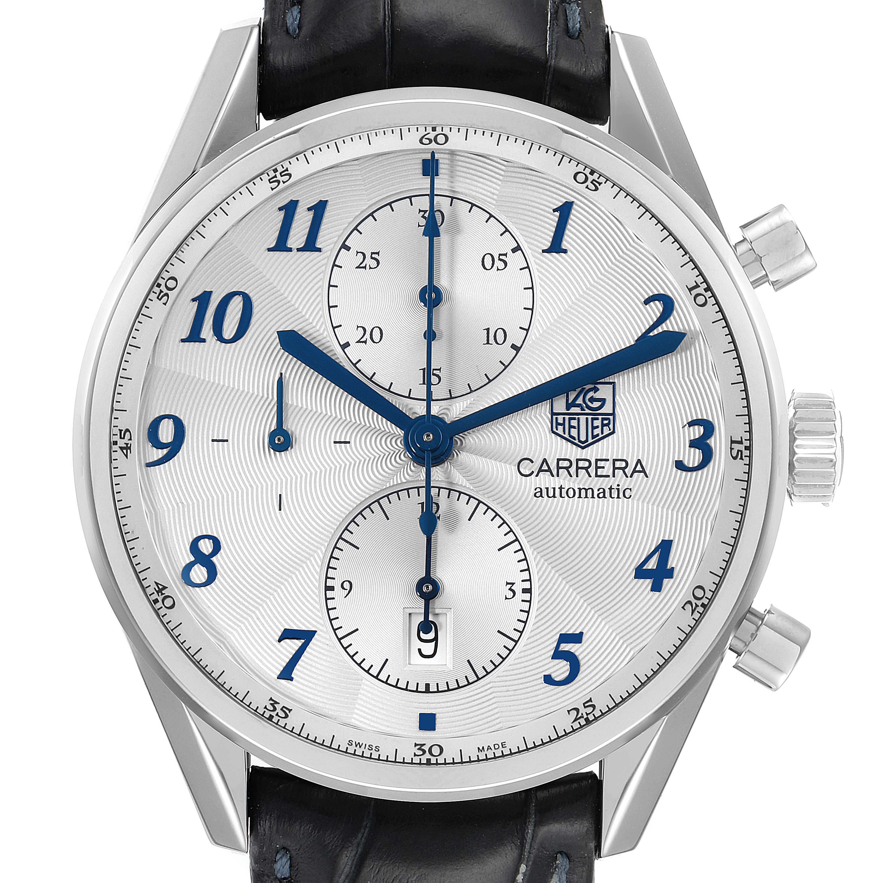 This image shows a front view of a Tag Heuer Carrera CAS2111 Men's Stainless Steel Silver Dial CAS2111 Men's Stainless Steel Silver Dial watch with a white dial and blue hands and markers.