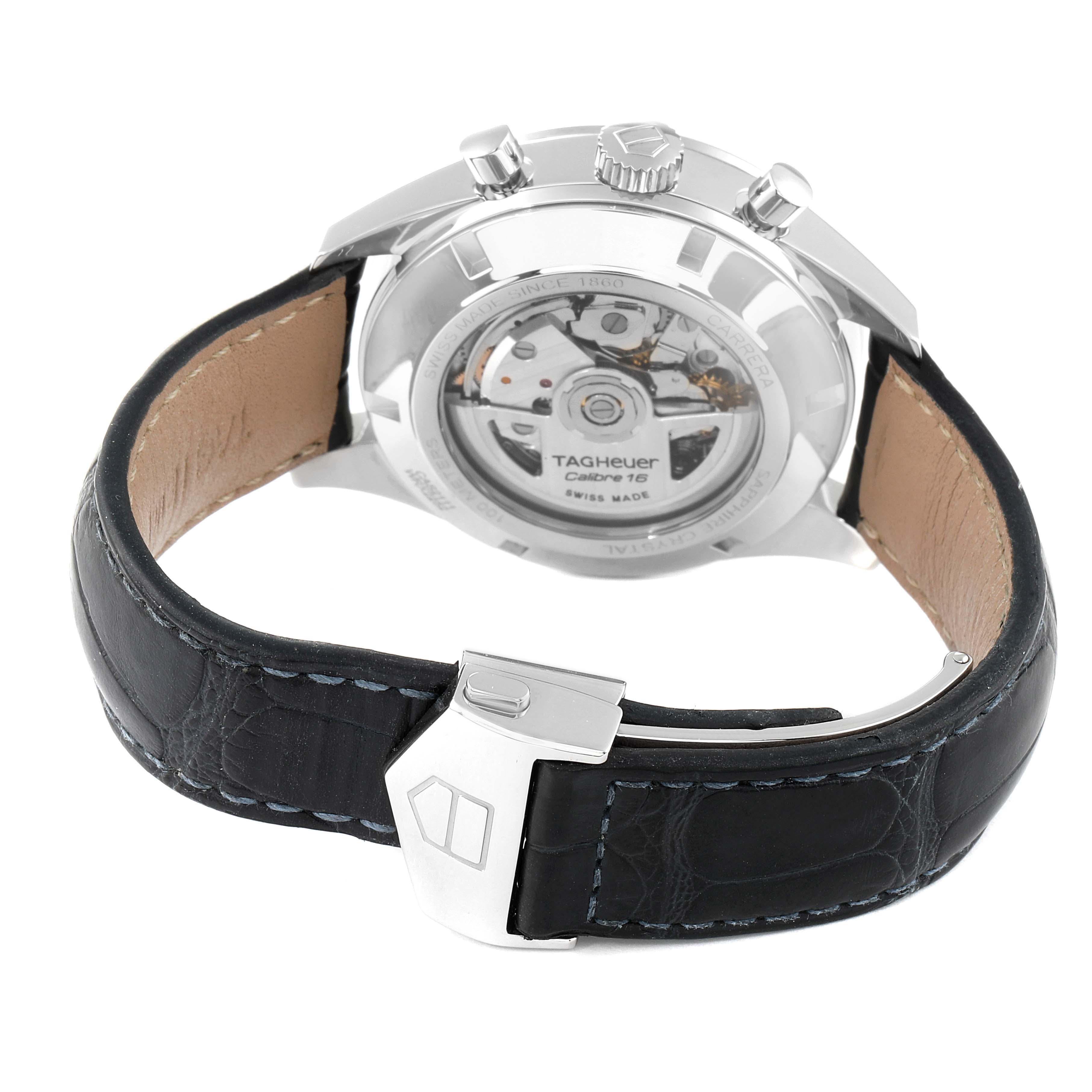 The image shows the case back and leather strap of a Tag Heuer Carrera CAS2111 Men's Stainless Steel Silver Dial CAS2111 Men's Stainless Steel Silver Dial watch at a rear angle.