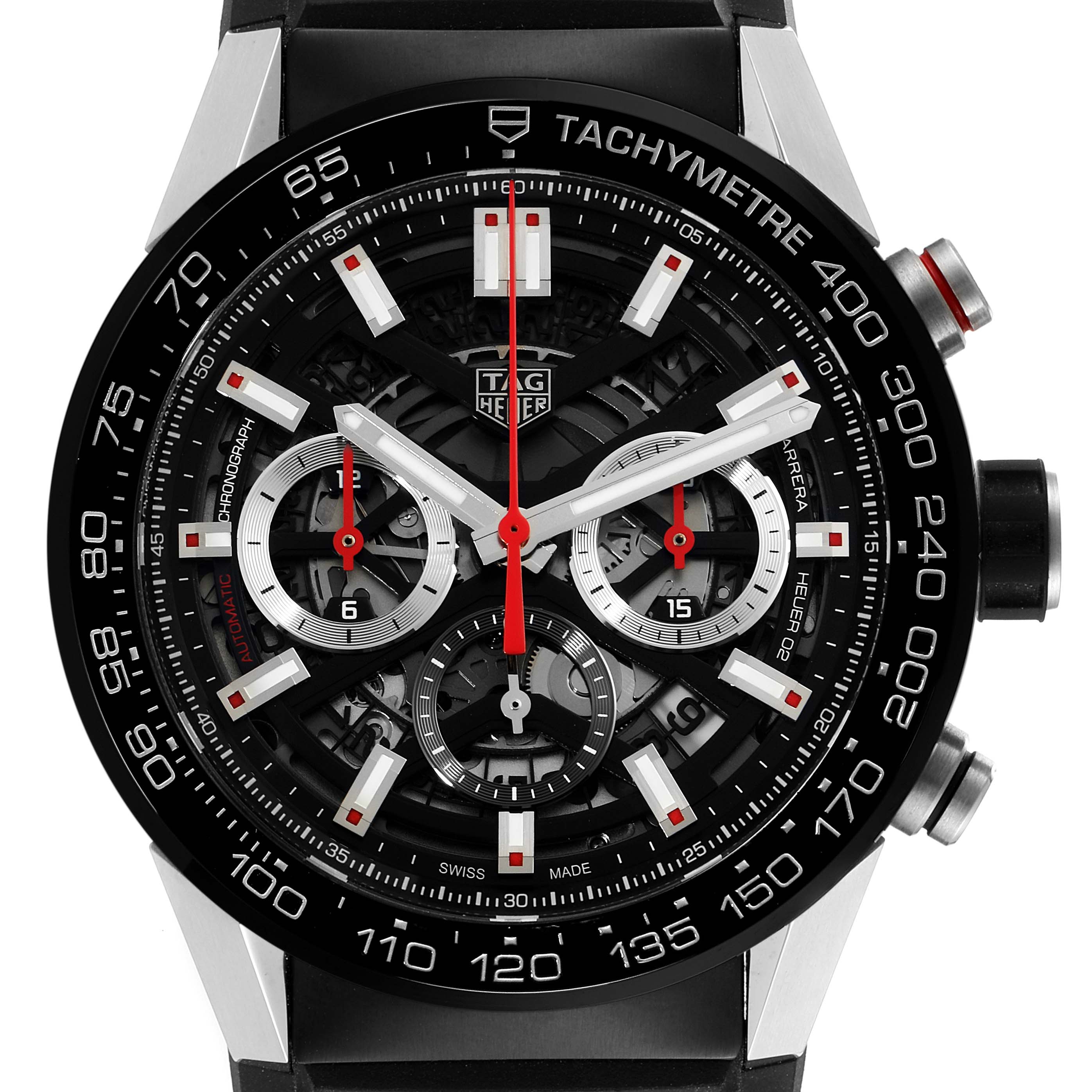 This image shows the dial and bezel of a Tag Heuer Carrera CBG2A10.FT6168 Men
s Stainless Steel Black Dial CBG2A10.FT6168 Men
s Stainless Steel Black Dial watch, highlighting its tachymeter and chronograph sub-dials.