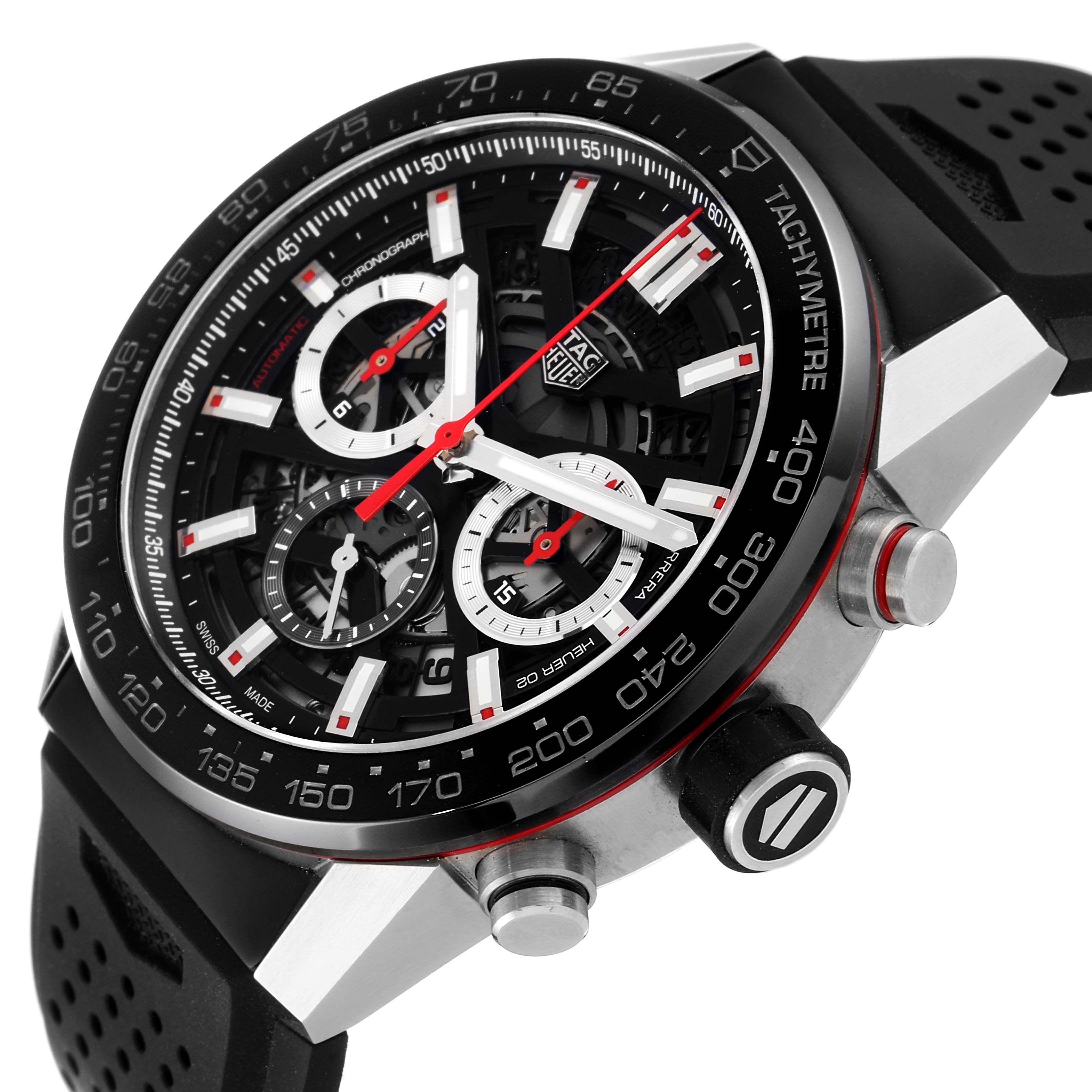 The image shows a Tag Heuer Carrera CBG2A10.FT6168 Men
s Stainless Steel Black Dial CBG2A10.FT6168 Men
s Stainless Steel Black Dial watch at an angle that highlights its dial, bezel, buttons, and part of the strap.