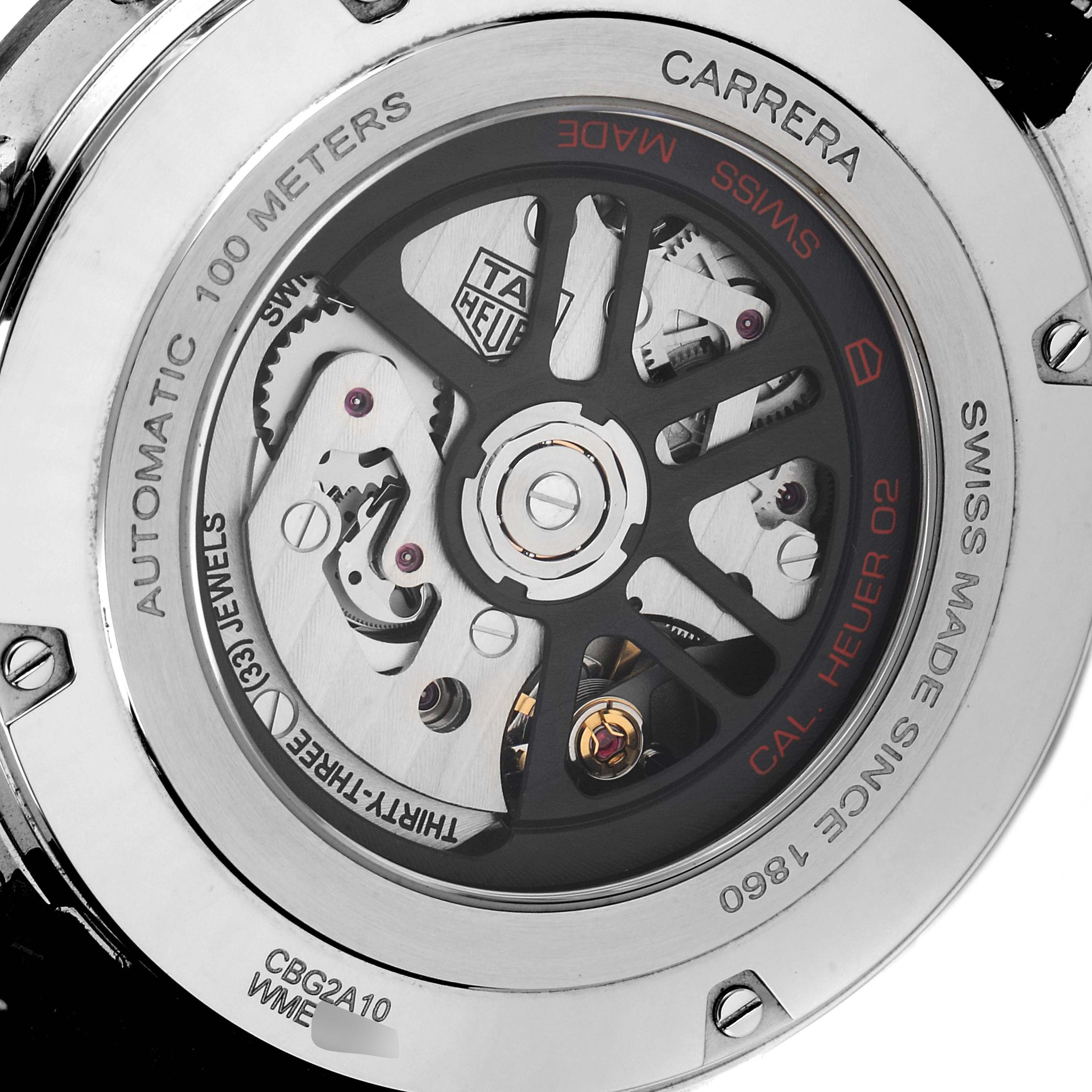The image shows the back view of the Tag Heuer Carrera CBG2A10.FT6168 Men
s Stainless Steel Black Dial CBG2A10.FT6168 Men
s Stainless Steel Black Dial watch, highlighting the movement and automatic mechanism.
