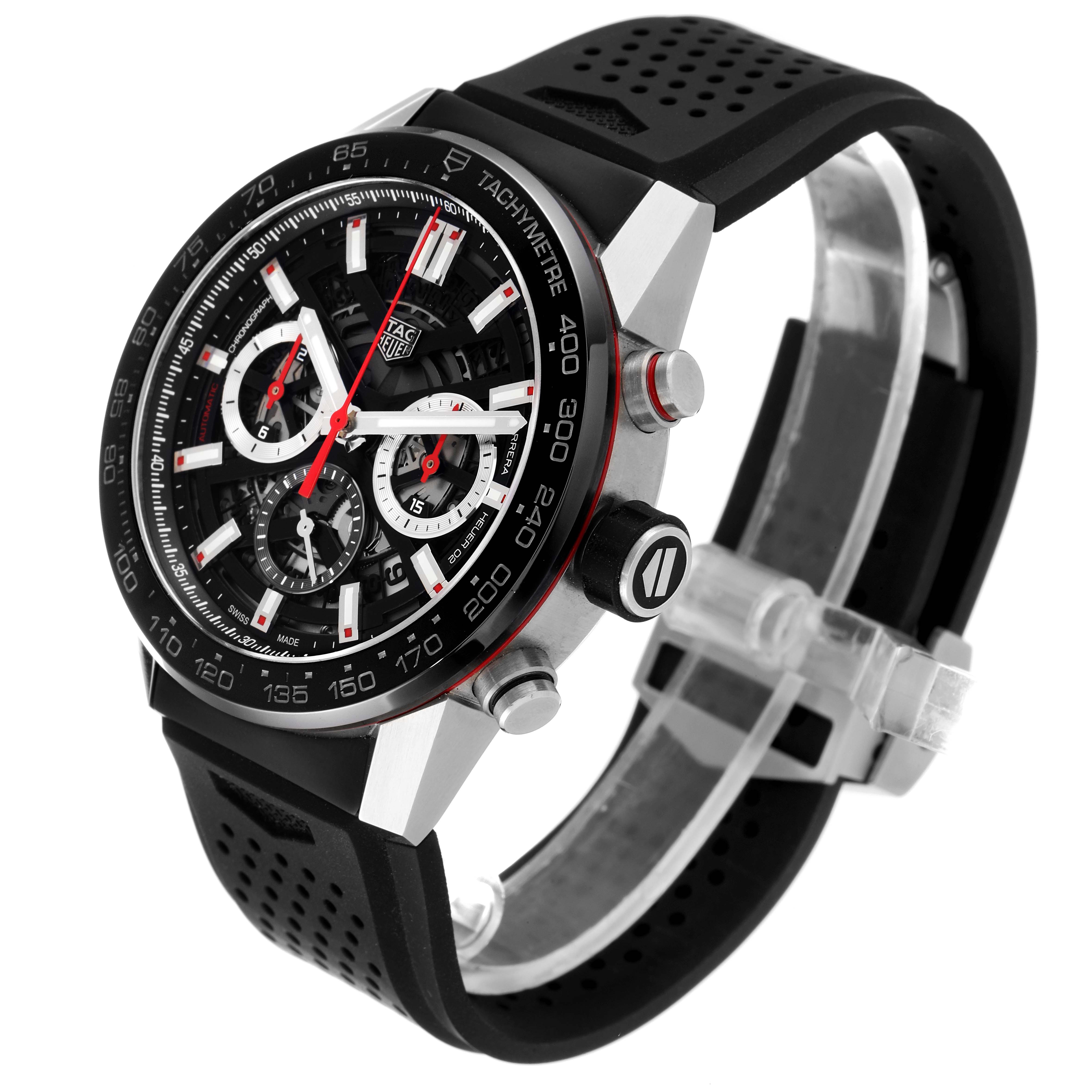 This Tag Heuer Carrera CBG2A10.FT6168 Men
s Stainless Steel Black Dial CBG2A10.FT6168 Men
s Stainless Steel Black Dial watch is shown at an angled front view, highlighting its face, buttons, and black rubber strap.