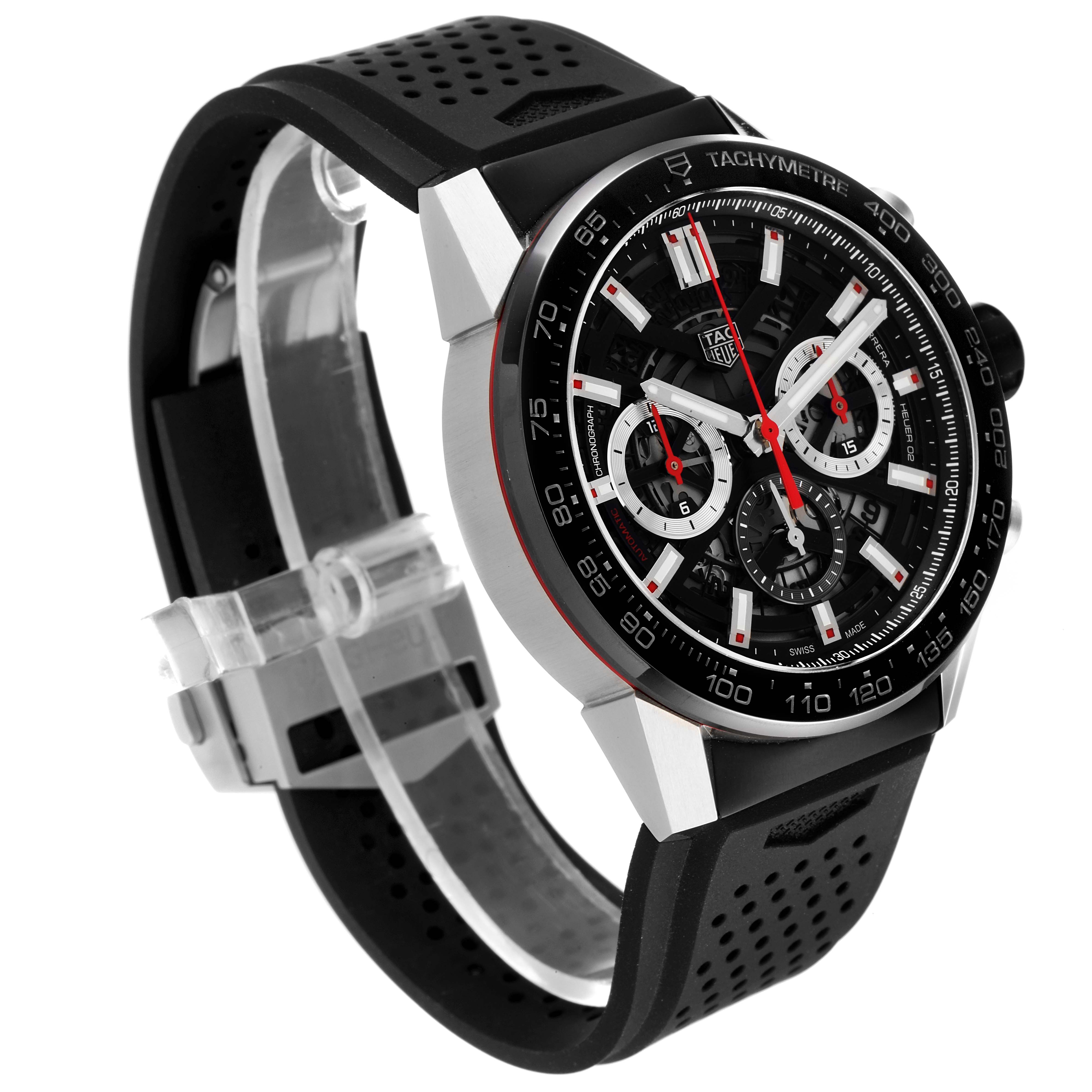 The image shows a Tag Heuer Carrera CBG2A10.FT6168 Men
s Stainless Steel Black Dial CBG2A10.FT6168 Men
s Stainless Steel Black Dial watch at a slight angle, emphasizing its black dial, chronograph sub-dials, and rubber strap.