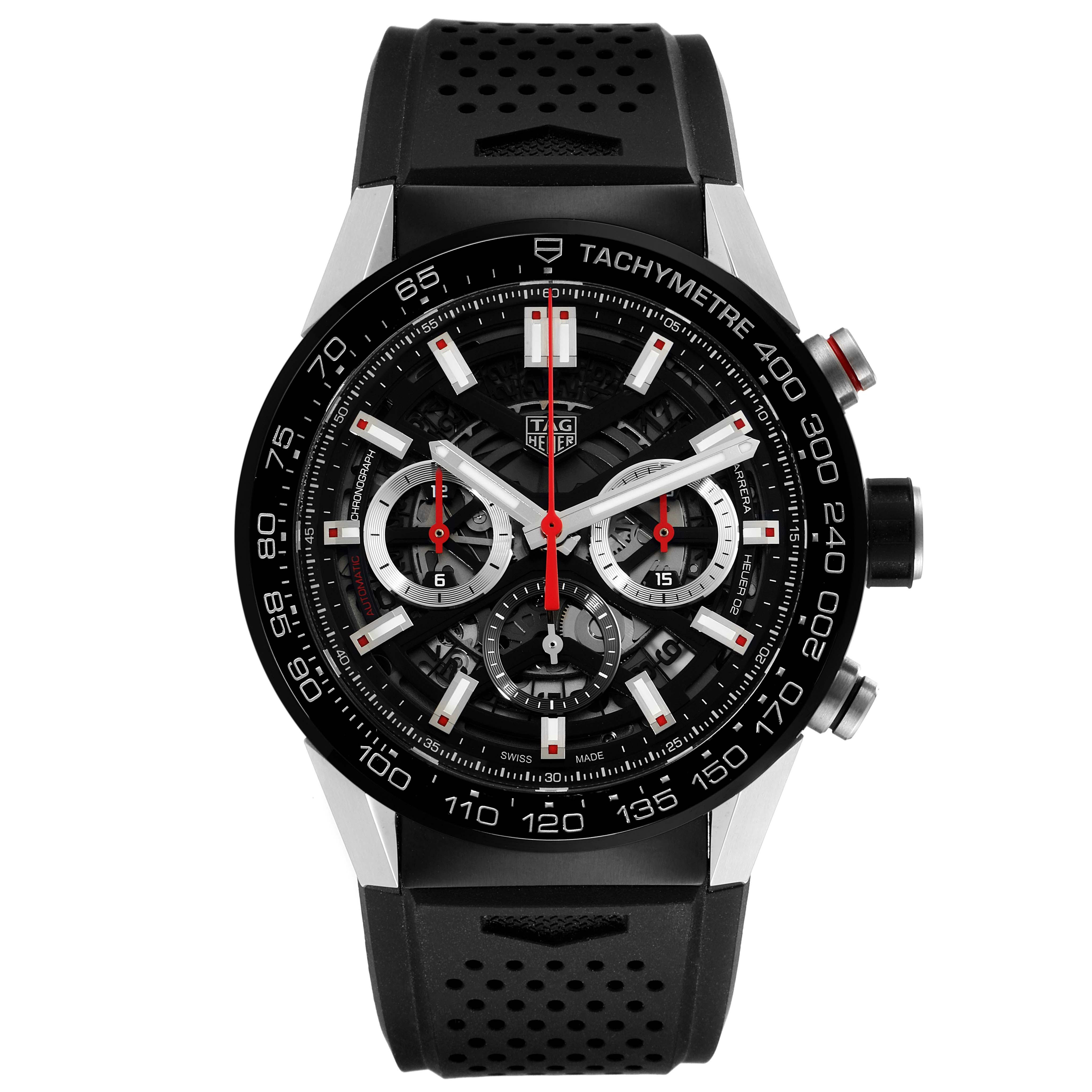 The image shows a front view of the Tag Heuer Carrera CBG2A10.FT6168 Men
s Stainless Steel Black Dial CBG2A10.FT6168 Men
s Stainless Steel Black Dial watch, highlighting its dial, bezel, and strap.