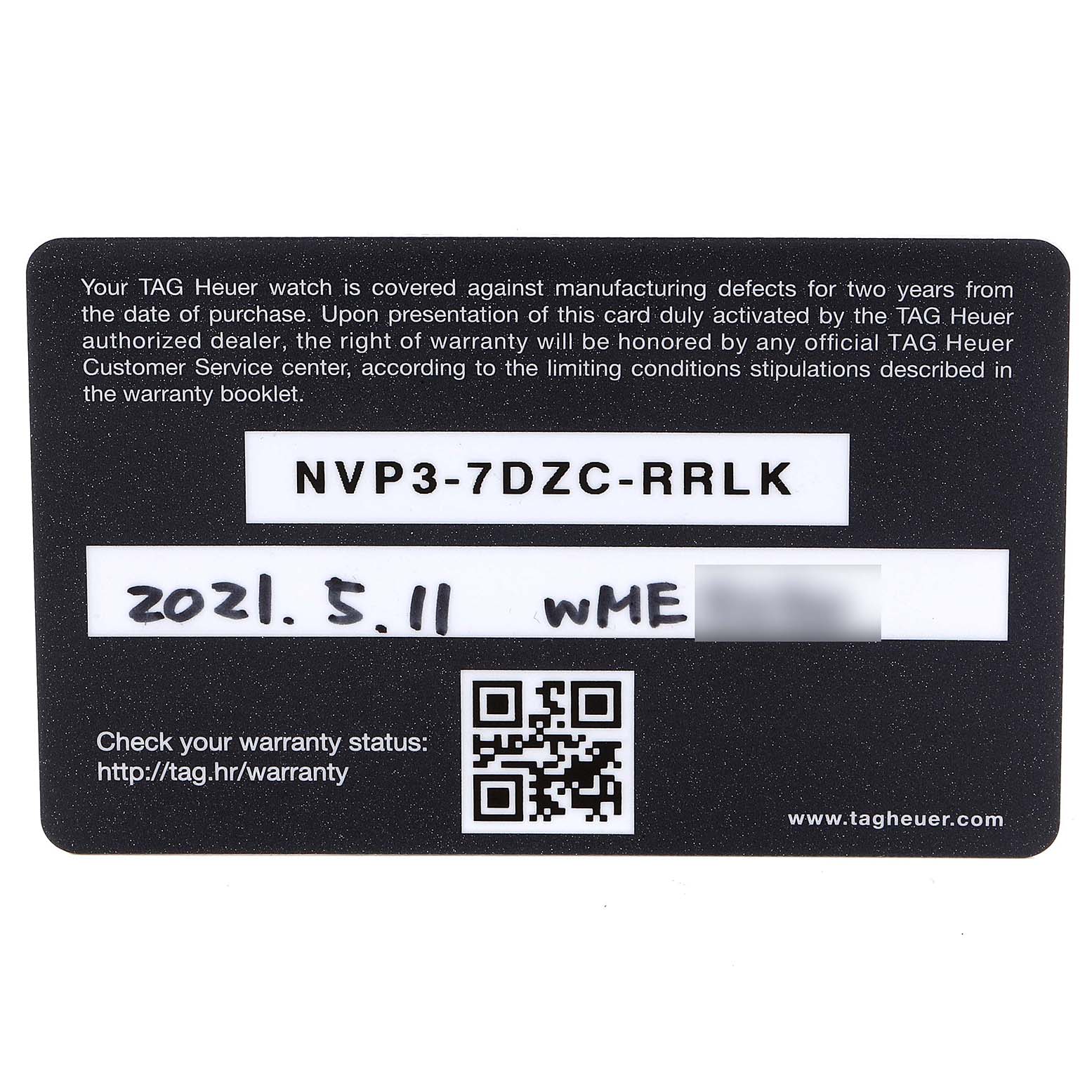 This is a warranty card for the Carrera model by Tag Heuer, showing the warranty code, date of purchase, and QR code.