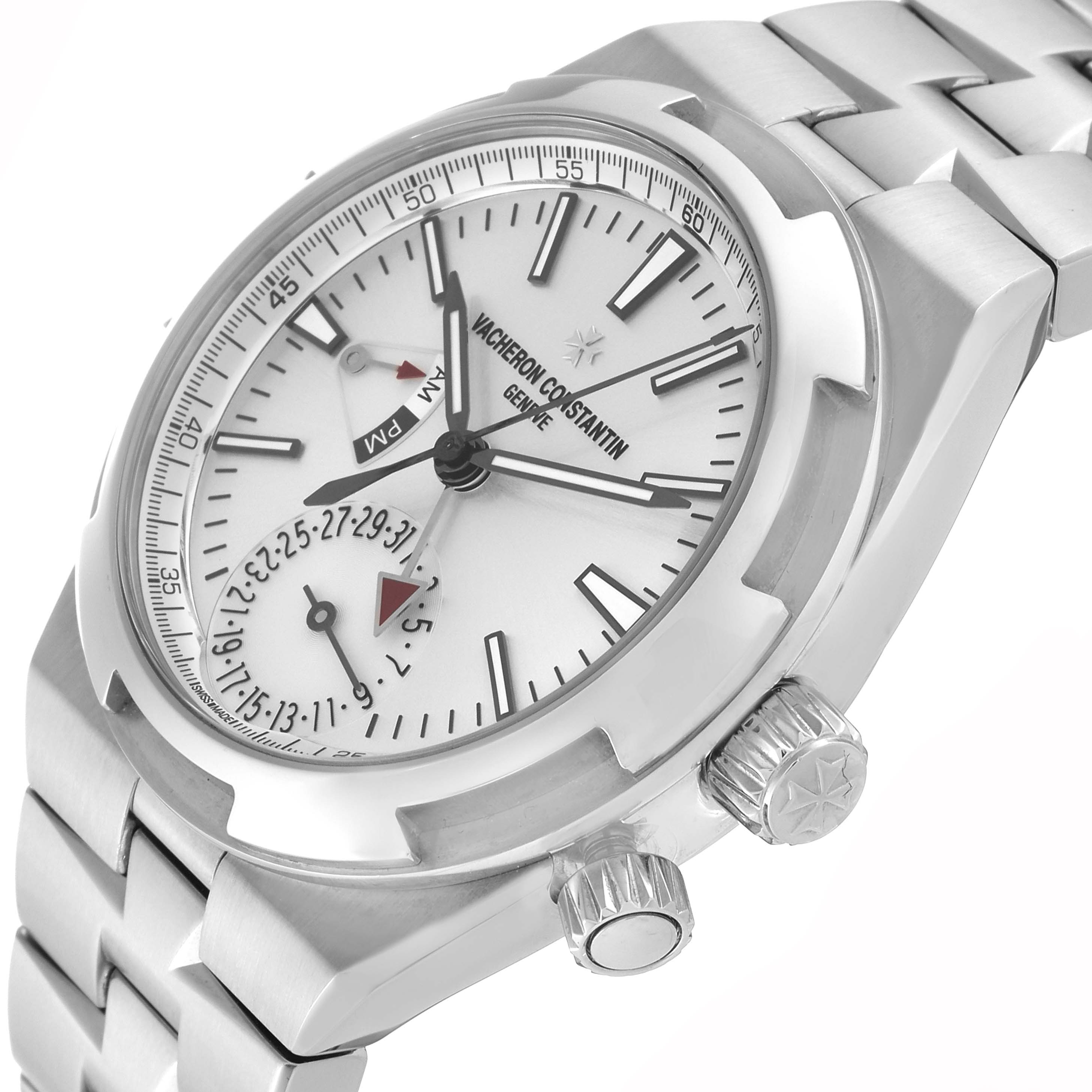 This image shows a Vacheron Constantin Overseas 7900V/110A Men's Stainless Steel Silver Dial 7900V/110A Men's Stainless Steel Silver Dial watch at an angle highlighting the dial, crown, and part of the bracelet.