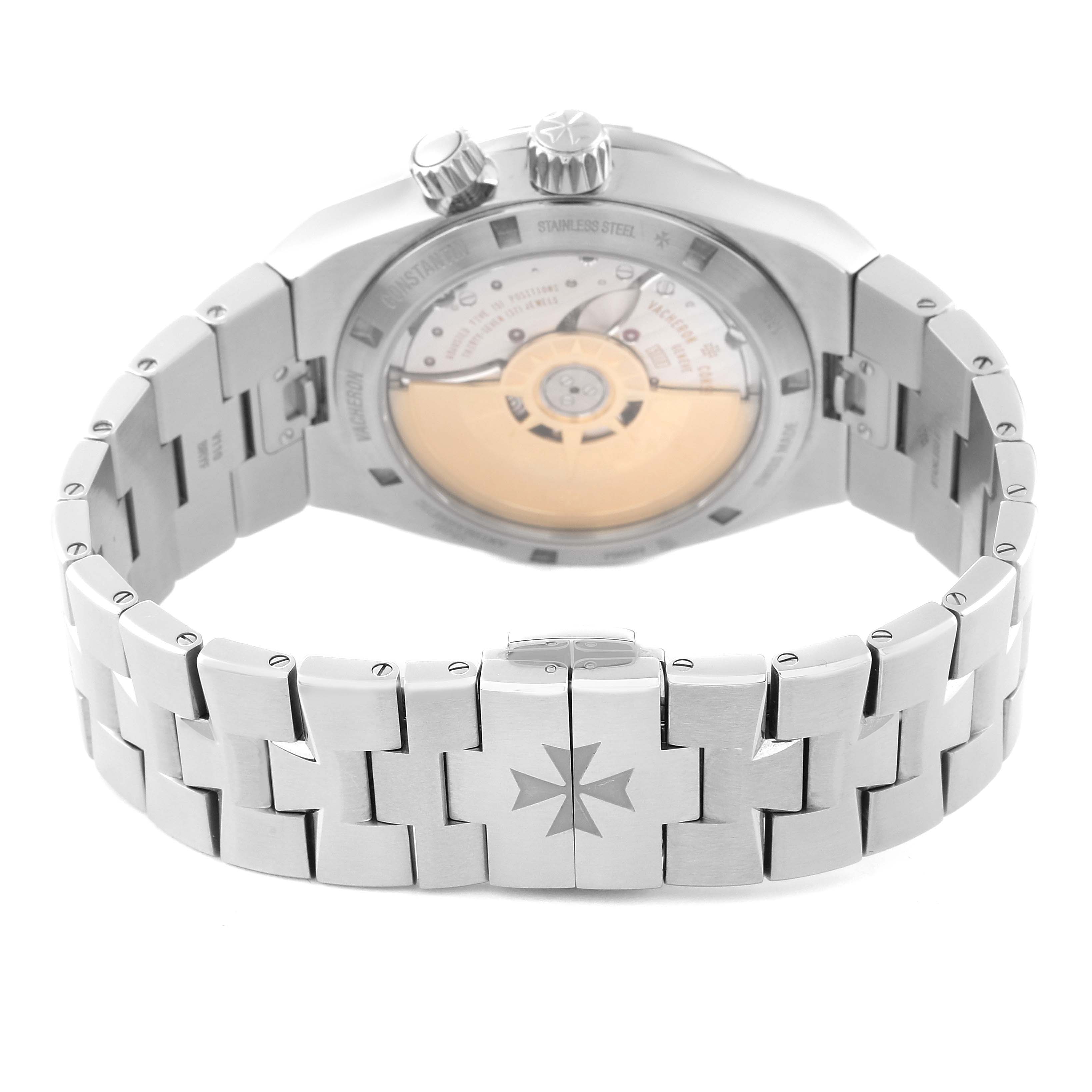 The image shows the back view of a Vacheron Constantin Overseas 7900V/110A Men's Stainless Steel Silver Dial 7900V/110A Men's Stainless Steel Silver Dial watch, highlighting its bracelet and visible movement.