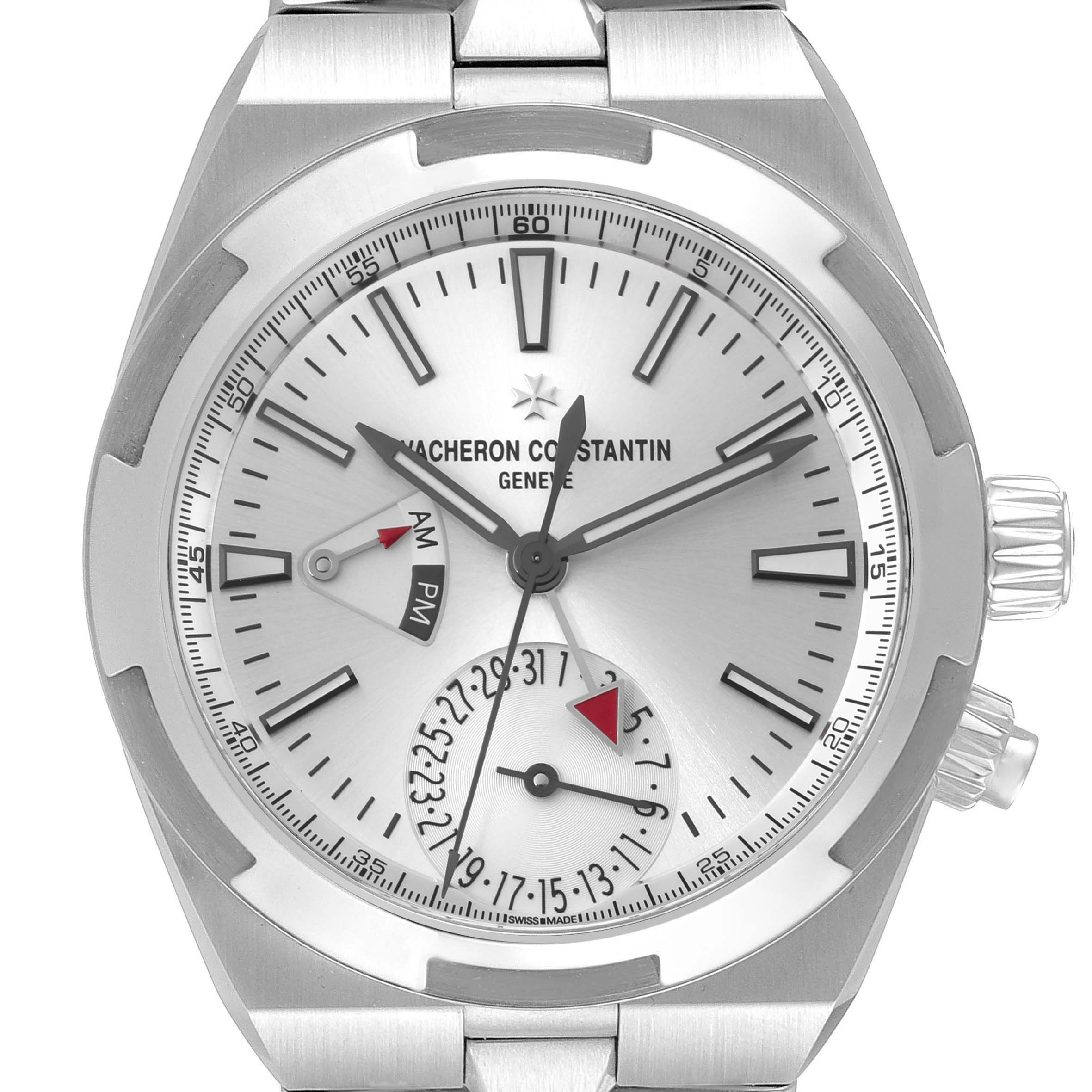 The Vacheron Constantin Overseas 7900V/110A Men's Stainless Steel Silver Dial 7900V/110A Men's Stainless Steel Silver Dial watch is shown from a top-down angle, highlighting the dial and bezel.