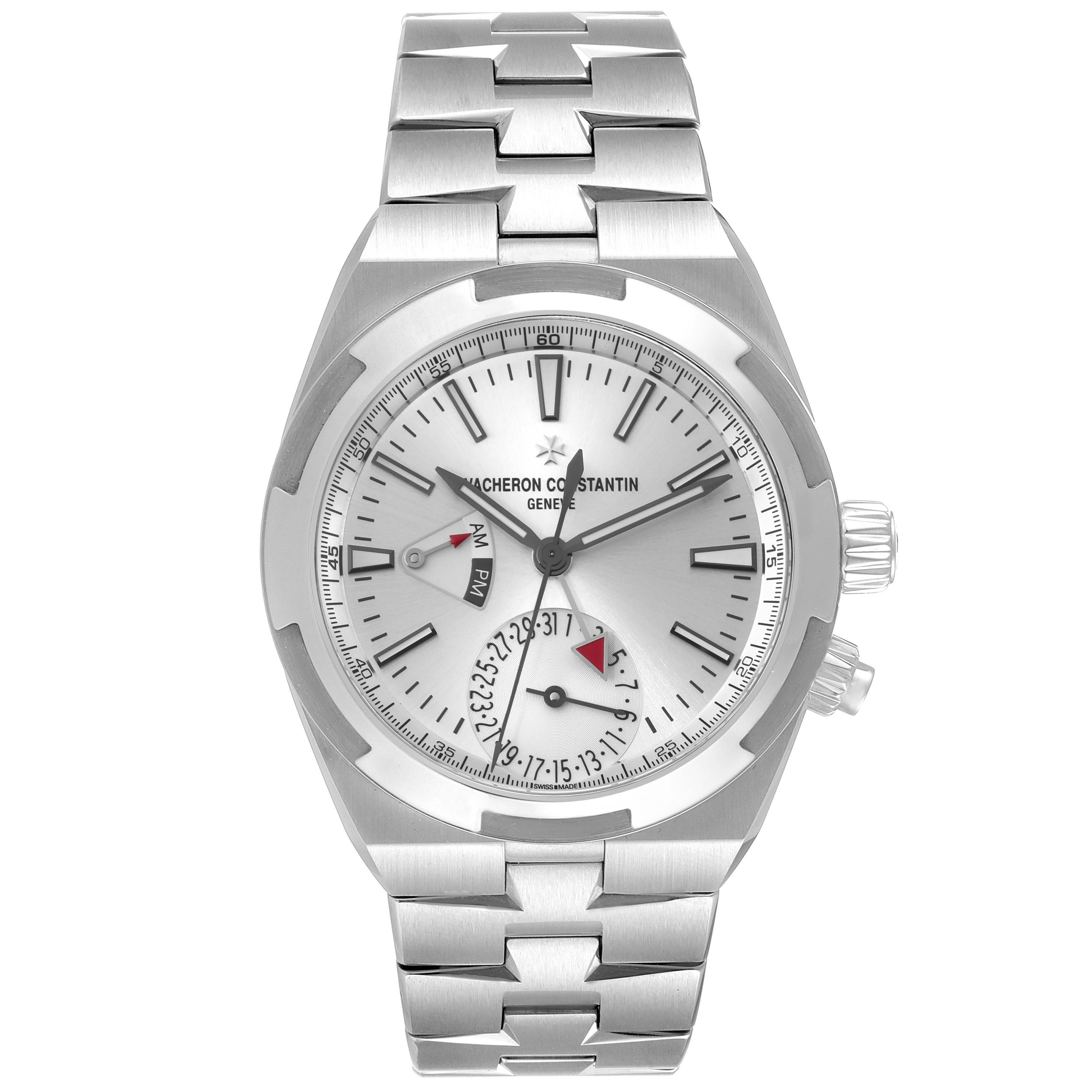 The image shows a Vacheron Constantin Overseas 7900V/110A Men's Stainless Steel Silver Dial 7900V/110A Men's Stainless Steel Silver Dial watch from a front angle, displaying its dial, hands, crown, and bracelet.