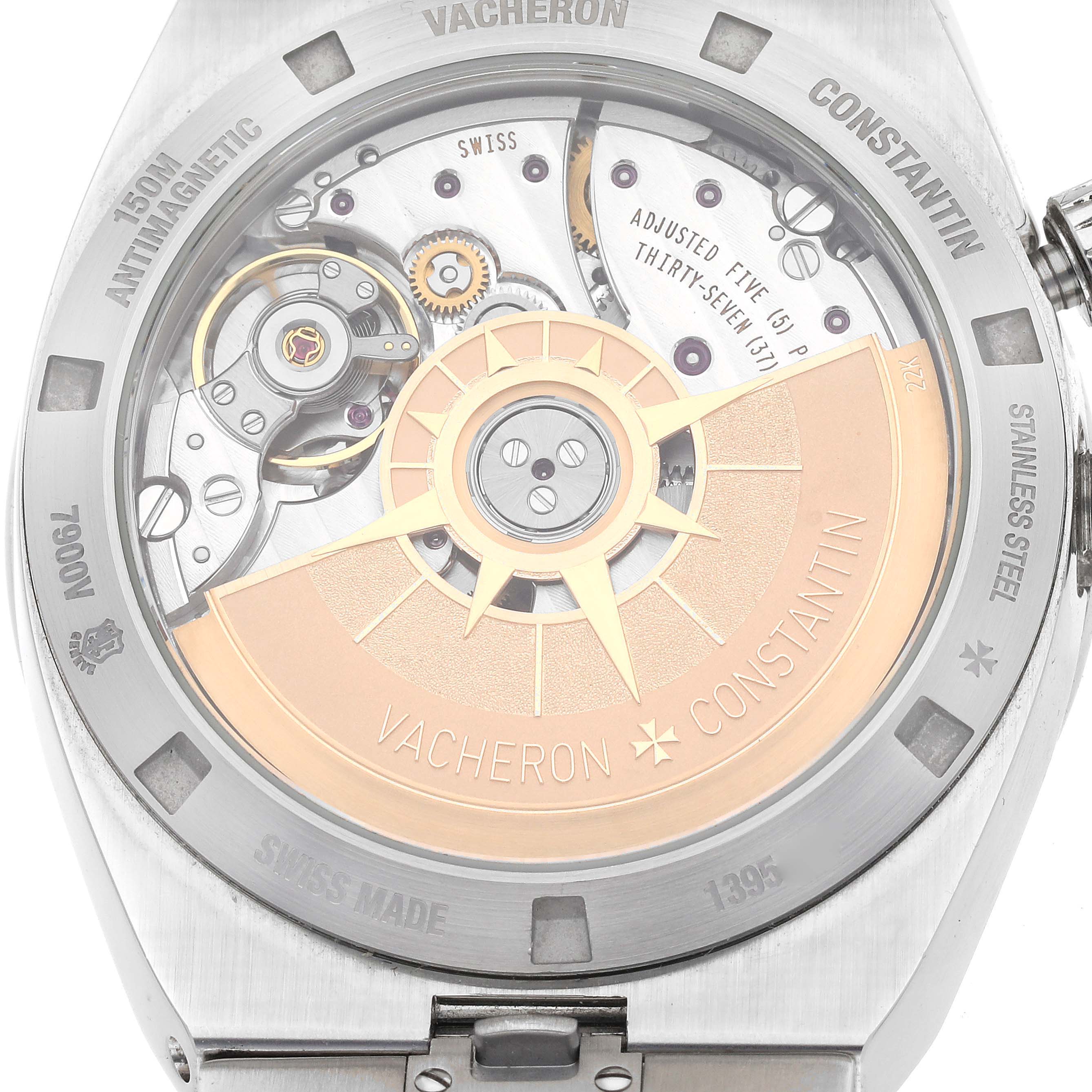 The image shows the back view of the Vacheron Constantin Overseas 7900V/110A Men's Stainless Steel Silver Dial 7900V/110A Men's Stainless Steel Silver Dial watch, highlighting the movement and rotor.