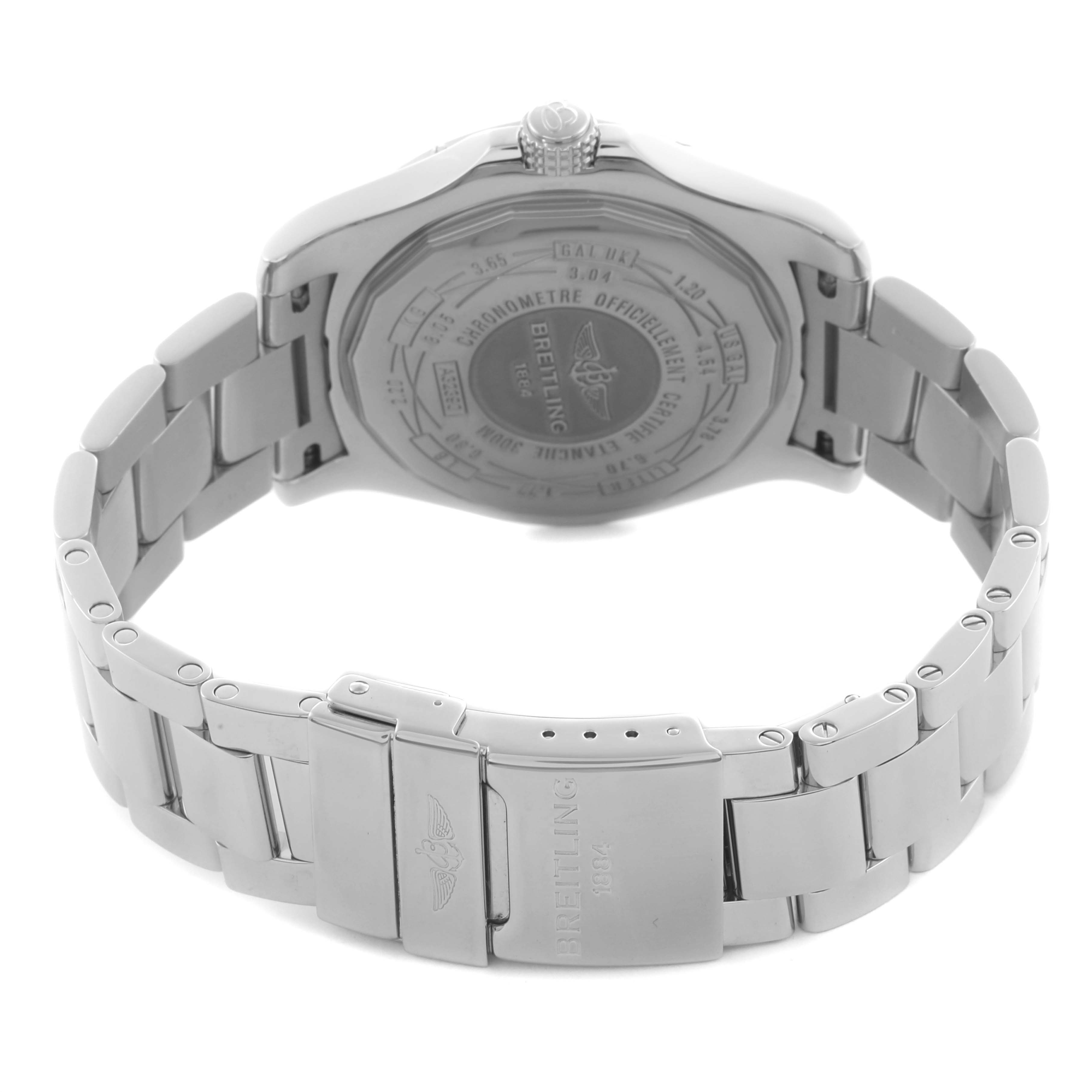 The image shows the back view of a Breitling Avenger A3239011/BC34 Men's Stainless Steel Black Dial A3239011/BC34 Men's Stainless Steel Black Dial watch, highlighting the case back, bracelet, and clasp.