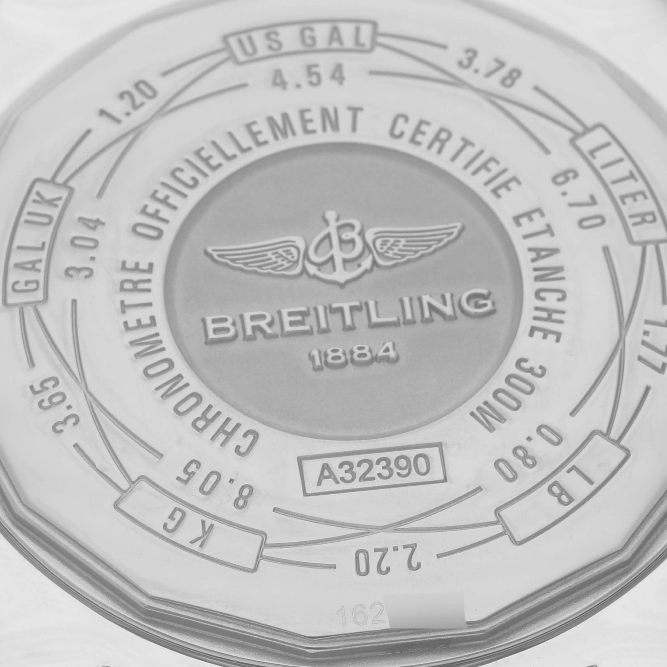 The image shows the case back of a Breitling Avenger A3239011/BC34 Men's Stainless Steel Black Dial A3239011/BC34 Men's Stainless Steel Black Dial watch, highlighting its logo, certifications, and model number A32390.