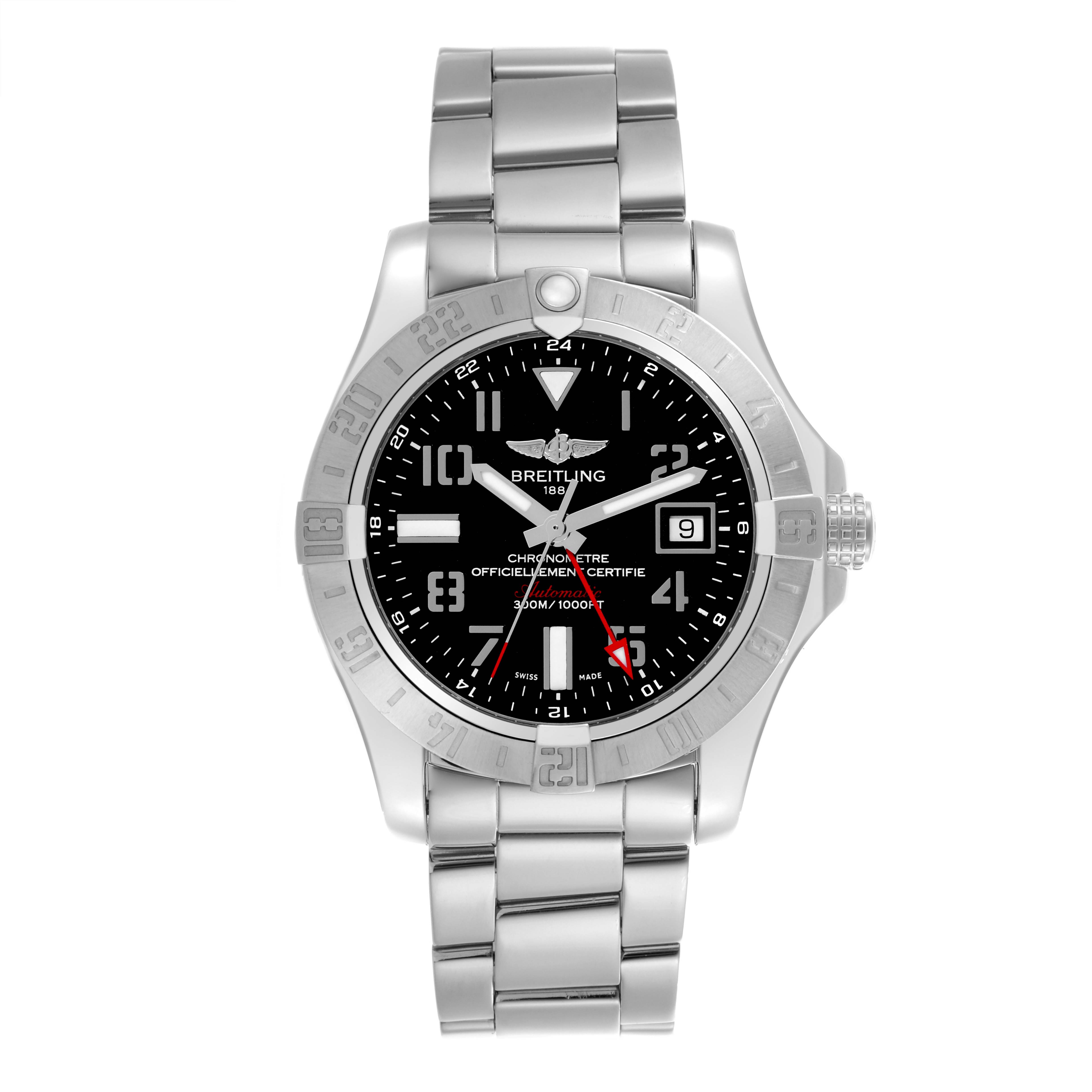 The Breitling Avenger A3239011/BC34 Men's Stainless Steel Black Dial A3239011/BC34 Men's Stainless Steel Black Dial watch is shown from a front angle, highlighting its silver bracelet, black dial, and date window.