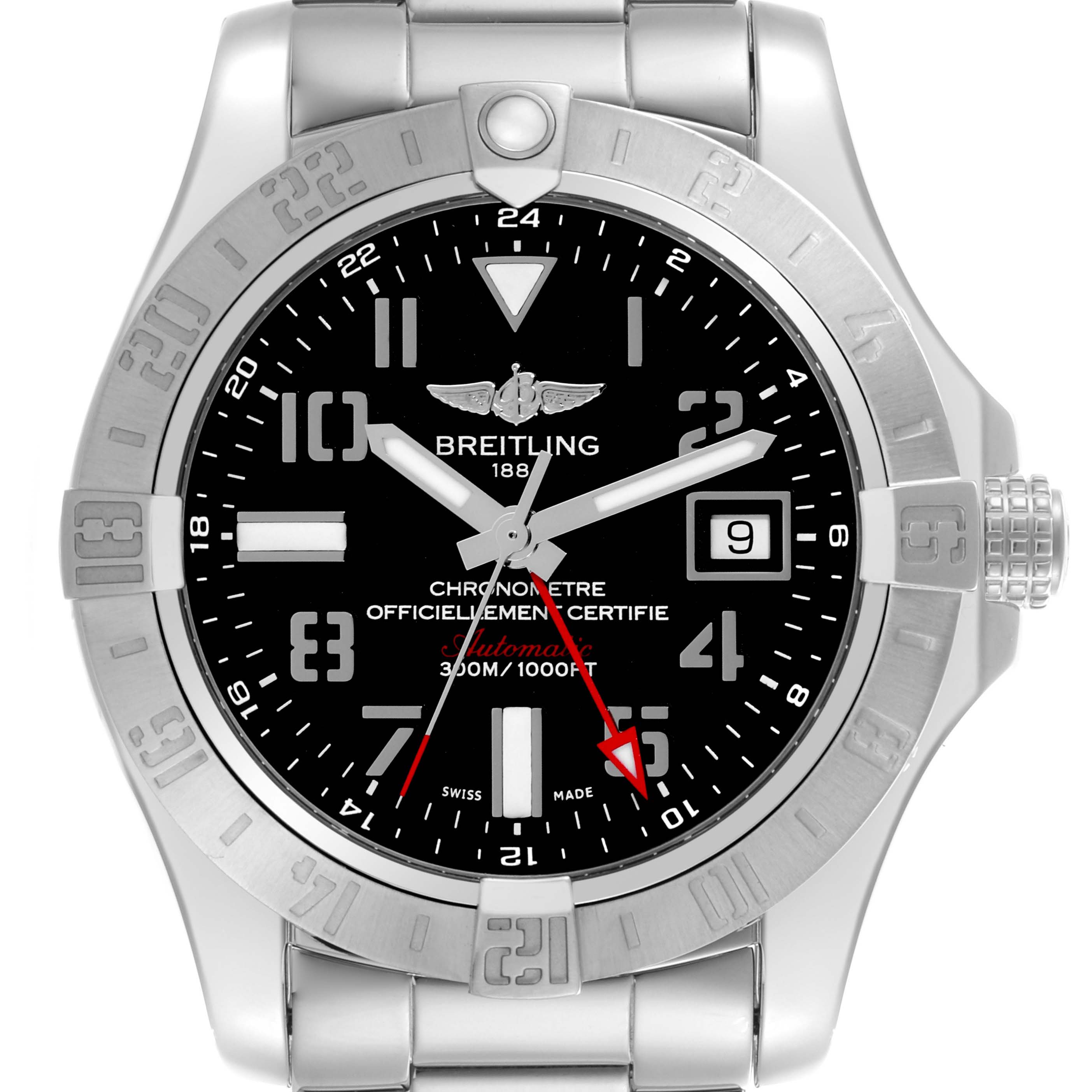 The Breitling Avenger A3239011/BC34 Men's Stainless Steel Black Dial A3239011/BC34 Men's Stainless Steel Black Dial watch is shown from a frontal angle, displaying its bezel, dial, hands, hour markers, and bracelet.