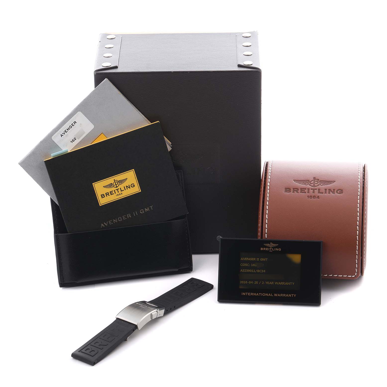 The image shows Breitling Avenger A3239011/BC34 Men's Stainless Steel Black Dial A3239011/BC34 Men's Stainless Steel Black Dial watch accessories, including packaging, manuals, and a strap with a clasp.