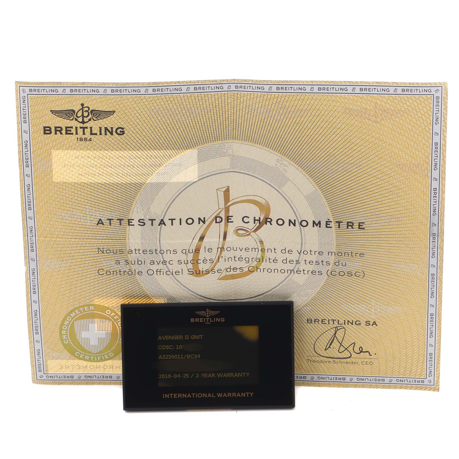 The image shows a Breitling Avenger A3239011/BC34 Men's Stainless Steel Black Dial A3239011/BC34 Men's Stainless Steel Black Dial watch's certificate of chronometer and international warranty card.