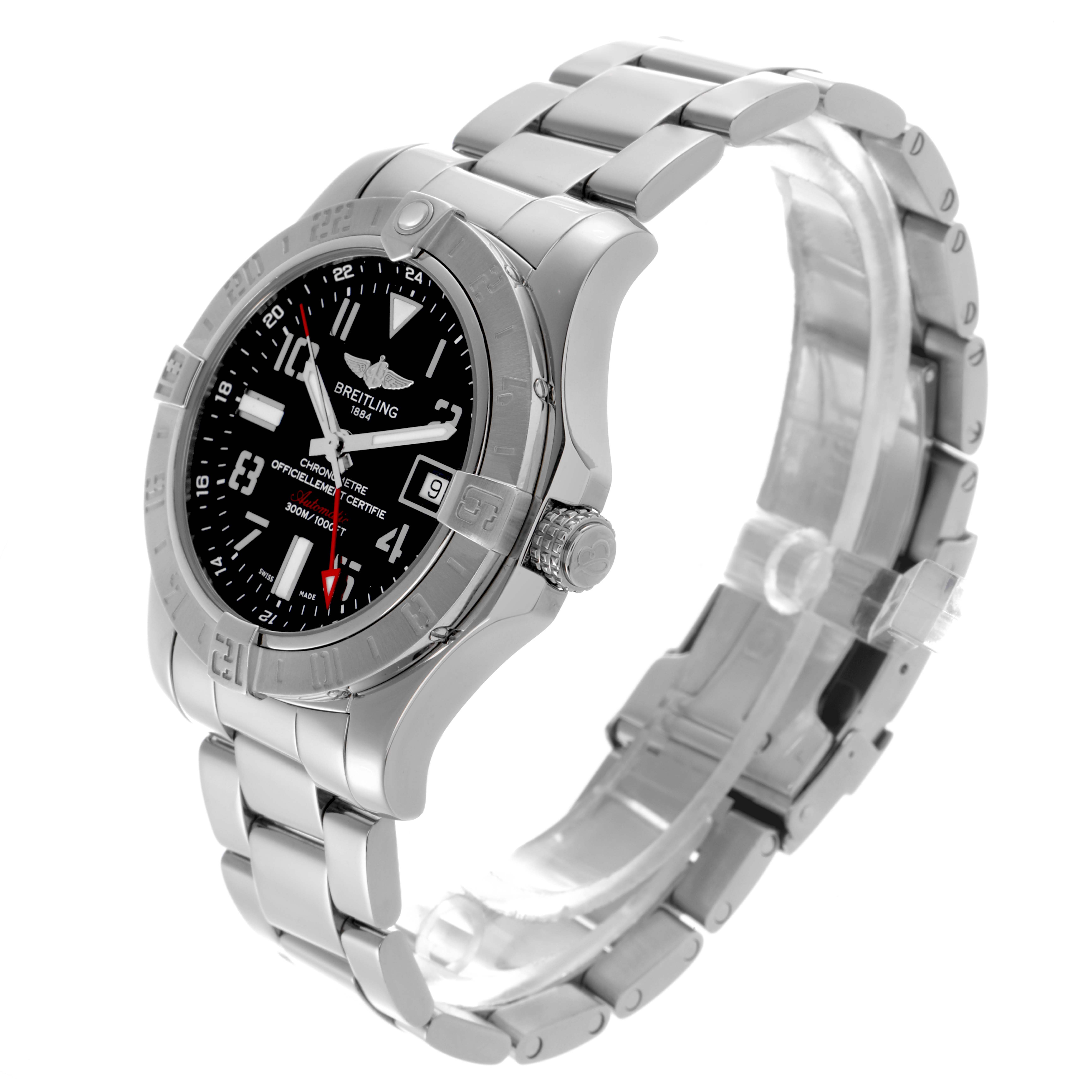 The Breitling Avenger A3239011/BC34 Men's Stainless Steel Black Dial A3239011/BC34 Men's Stainless Steel Black Dial watch is shown at a three-quarter angle, displaying the face, bezel, crown, and metal bracelet.