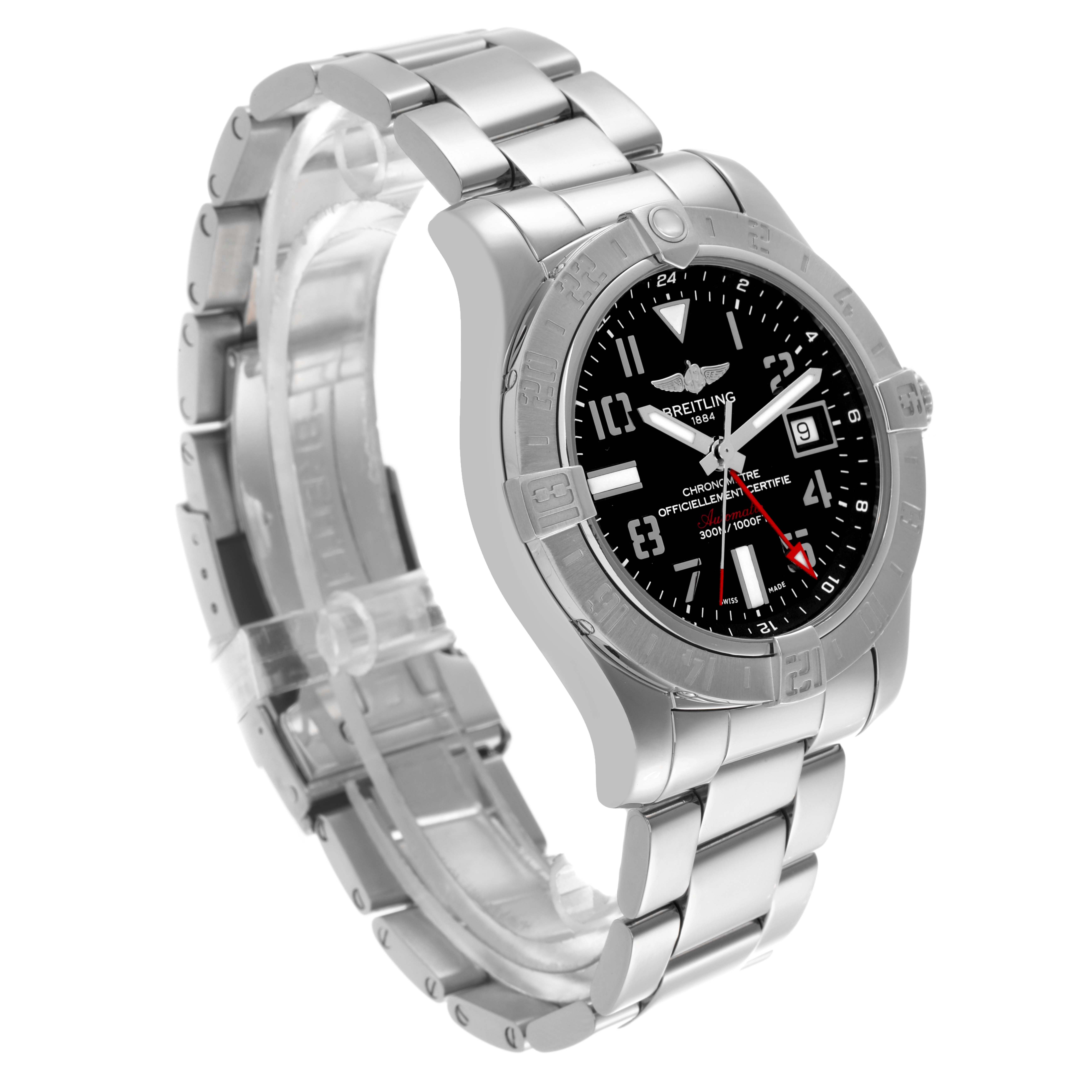 The Breitling Avenger A3239011/BC34 Men's Stainless Steel Black Dial A3239011/BC34 Men's Stainless Steel Black Dial watch is shown at a slight angle, highlighting the face, bezel, and stainless steel bracelet.