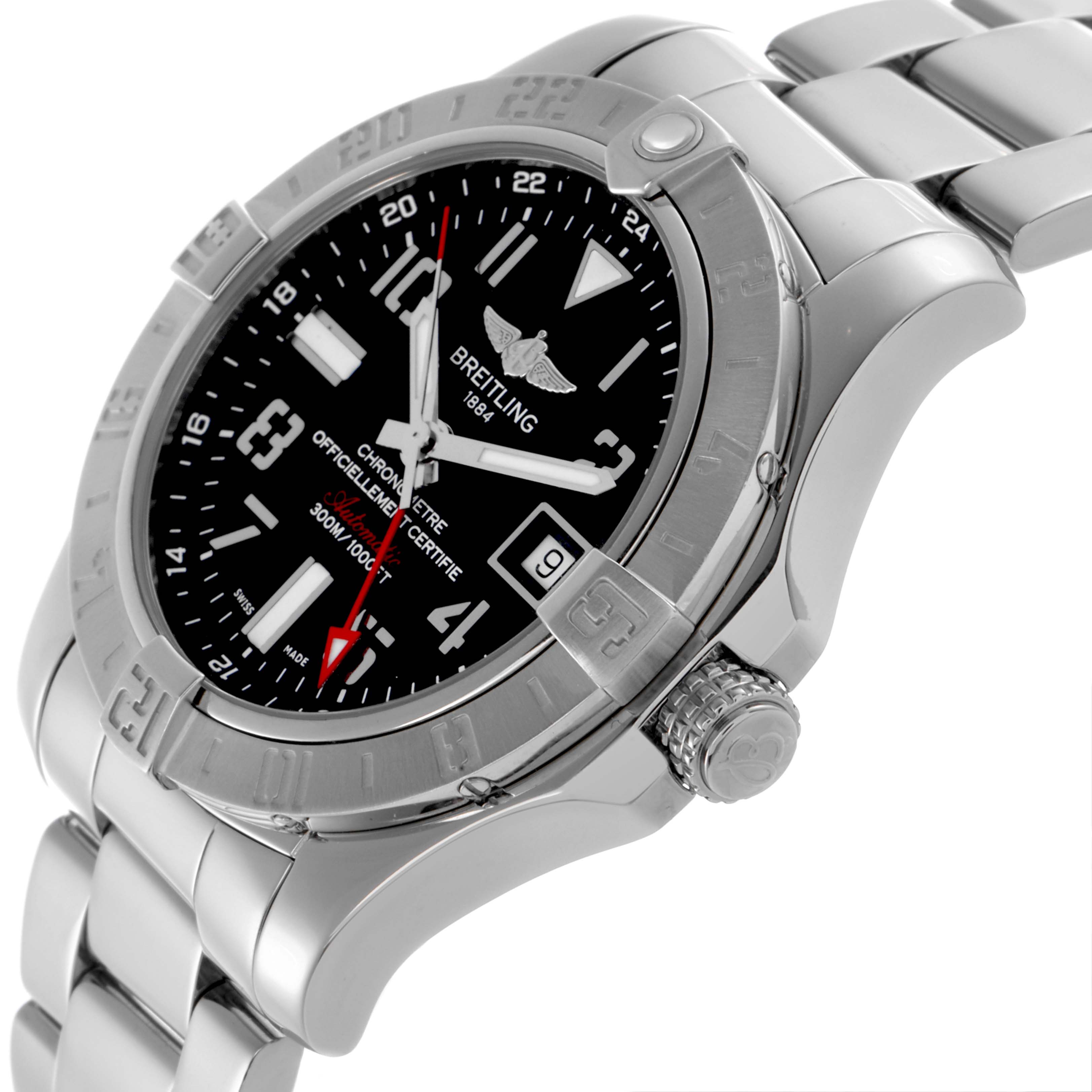 The Breitling Avenger A3239011/BC34 Men's Stainless Steel Black Dial A3239011/BC34 Men's Stainless Steel Black Dial watch is shown from an angled view, highlighting the dial, bezel, crown, and partial bracelet.