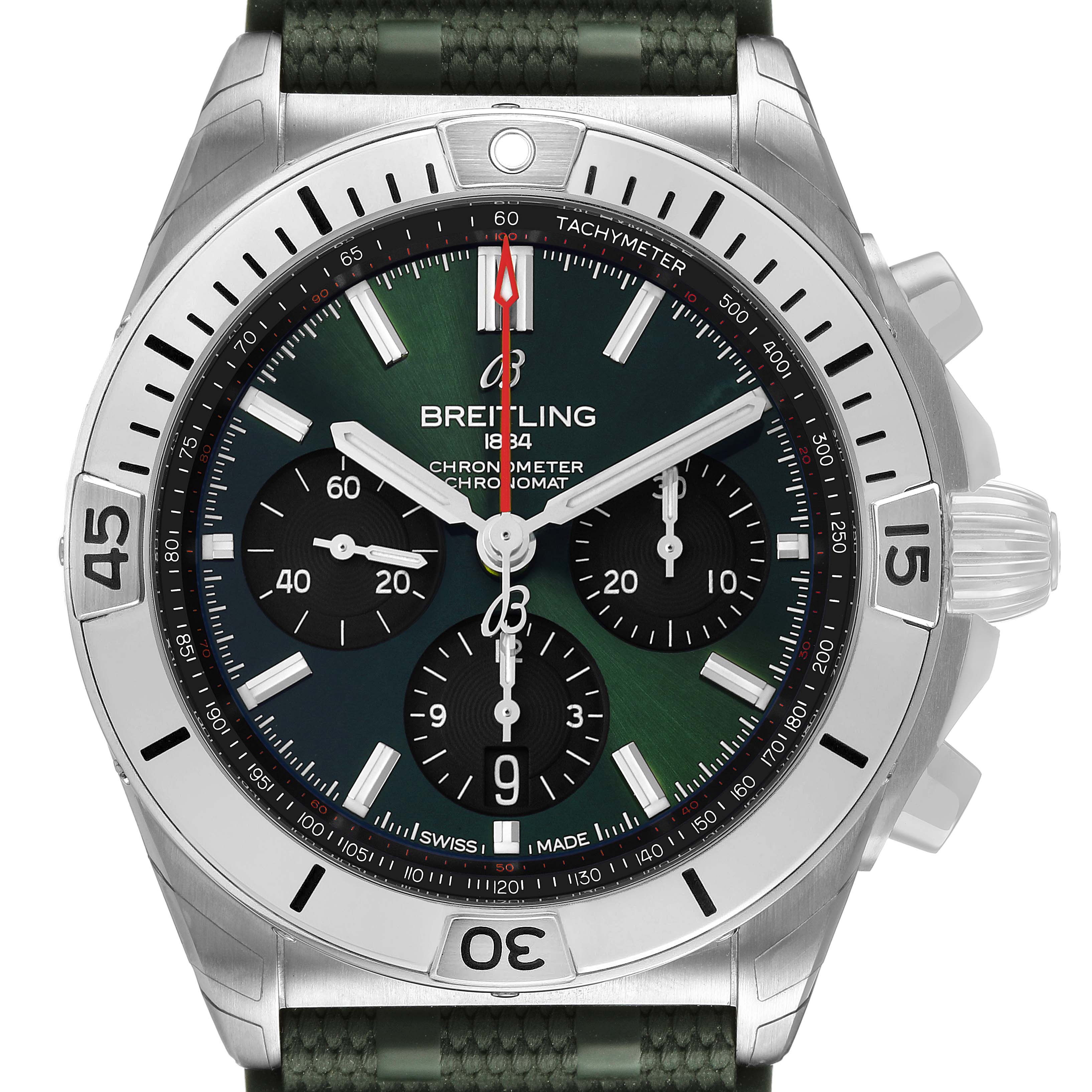 The Breitling Chronomat AB0134 Men's Stainless Steel Green Dial watch is shown from the front, highlighting its dial, bezel, and chronograph subdials.