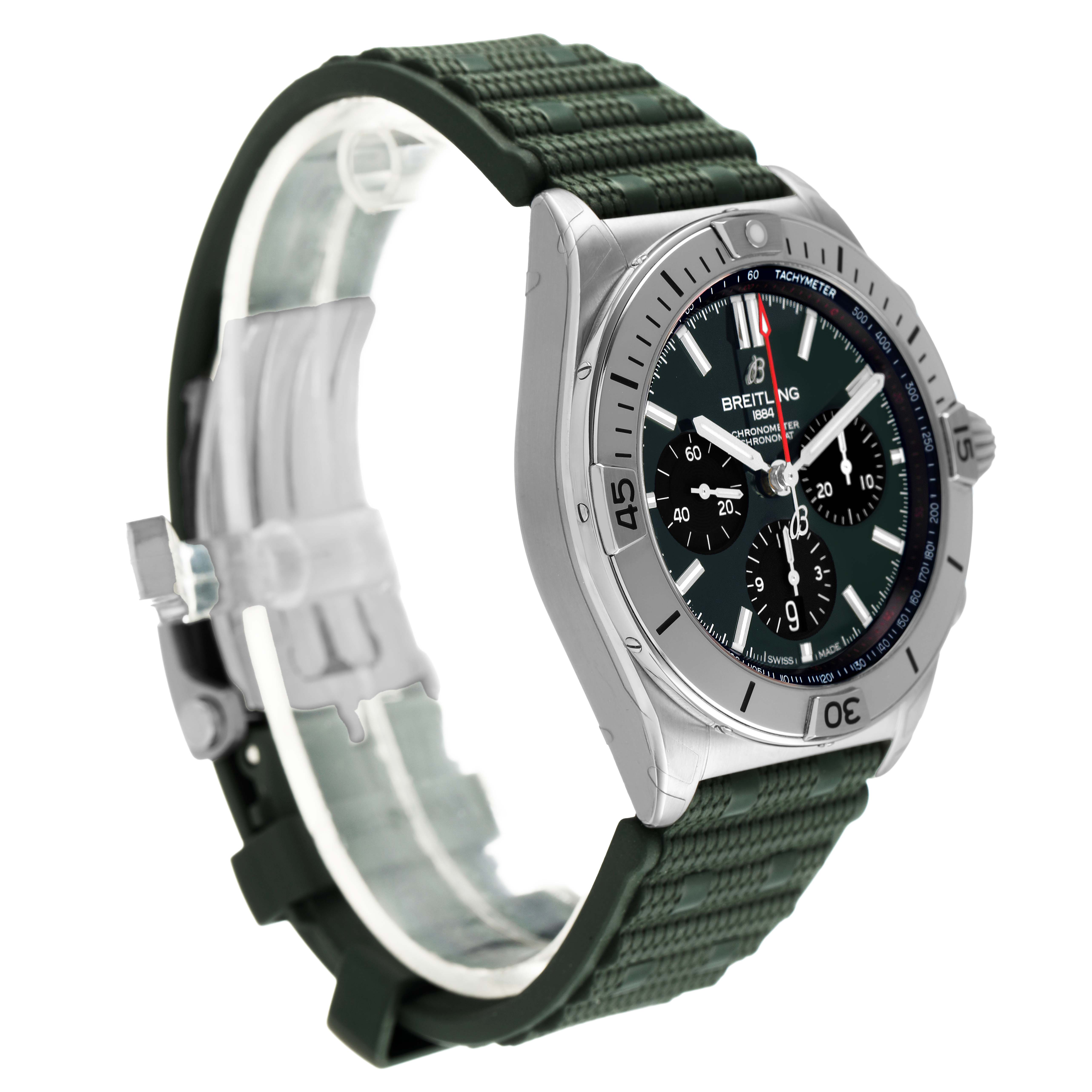 The image shows a side angle of the Breitling Chronomat AB0134 Men's Stainless Steel Green Dial, highlighting its case, bezel, and green strap.