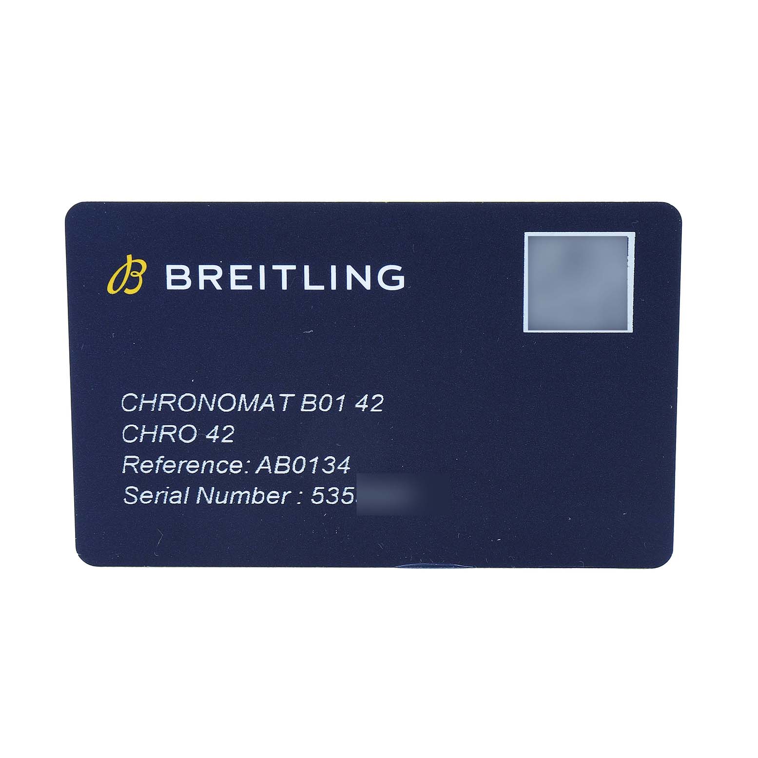 The image shows a warranty card for a Breitling Chronomat AB0134 Men's Stainless Steel Green Dial B01 42 watch, including the reference and serial number information.