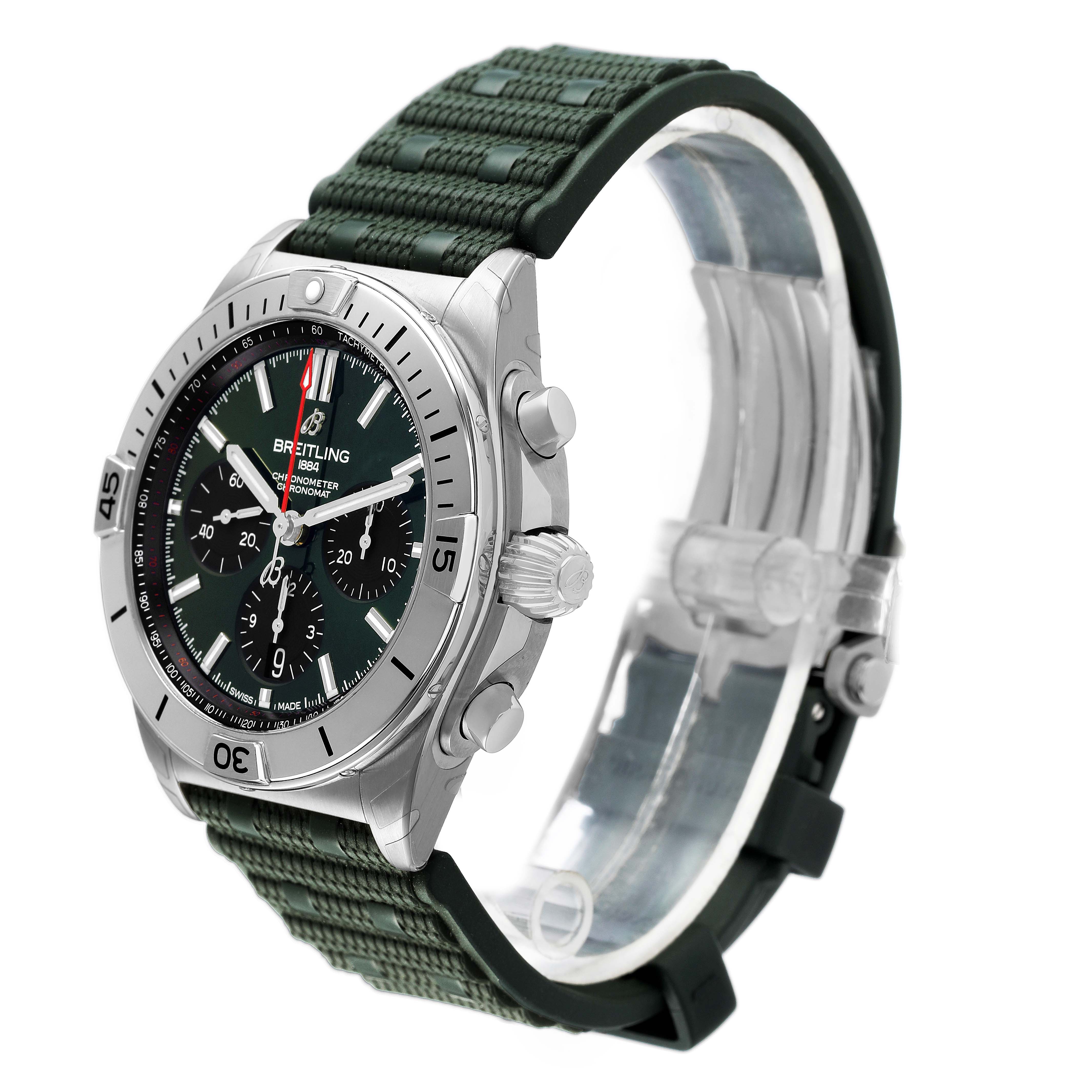 The Breitling Chronomat AB0134 Men's Stainless Steel Green Dial watch is shown at a three-quarter angle, highlighting the face, bezel, and strap with a side view of the crown and pushers.
