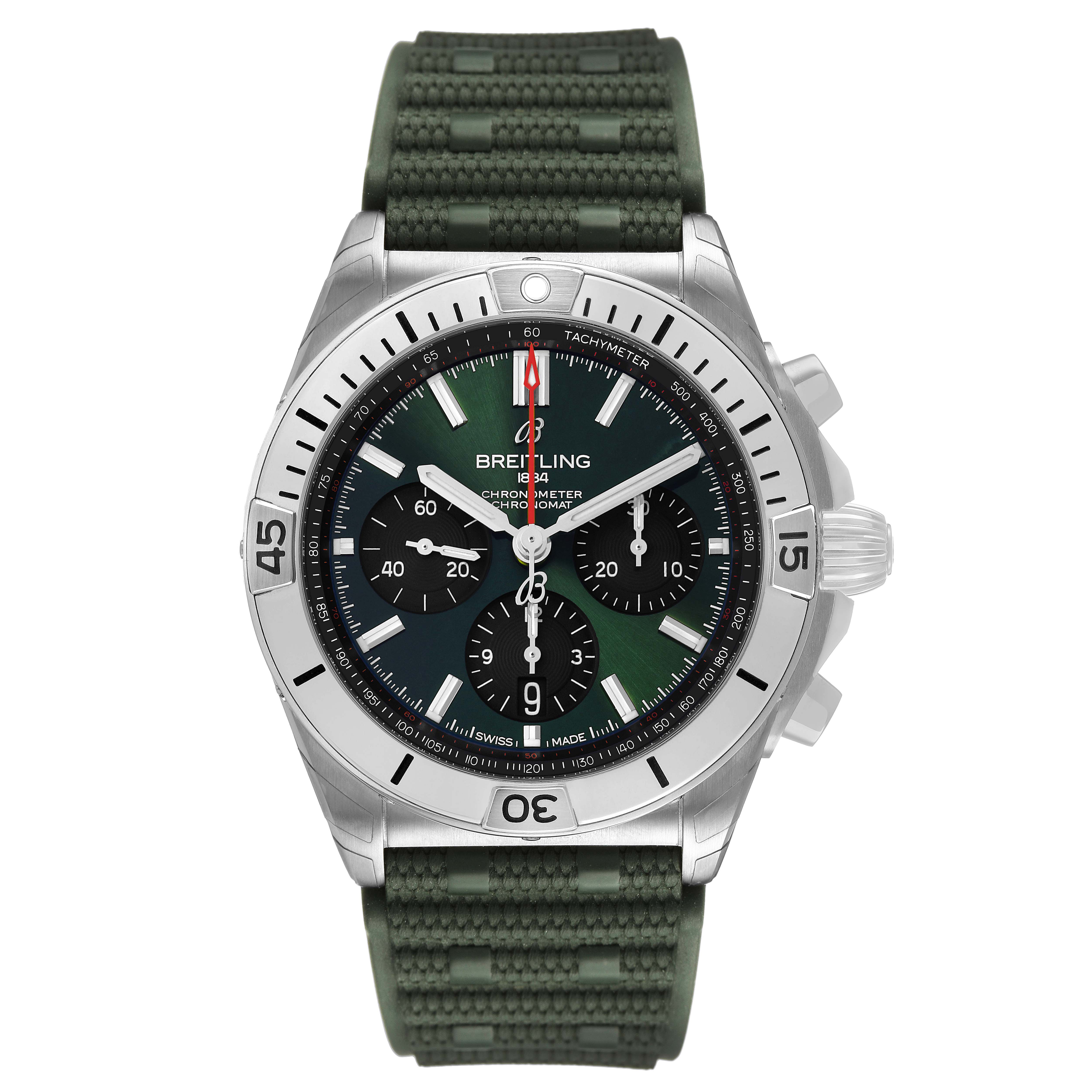 The Breitling Chronomat AB0134 Men's Stainless Steel Green Dial watch is shown from the front, featuring the dial, bezel, pushers, and strap.