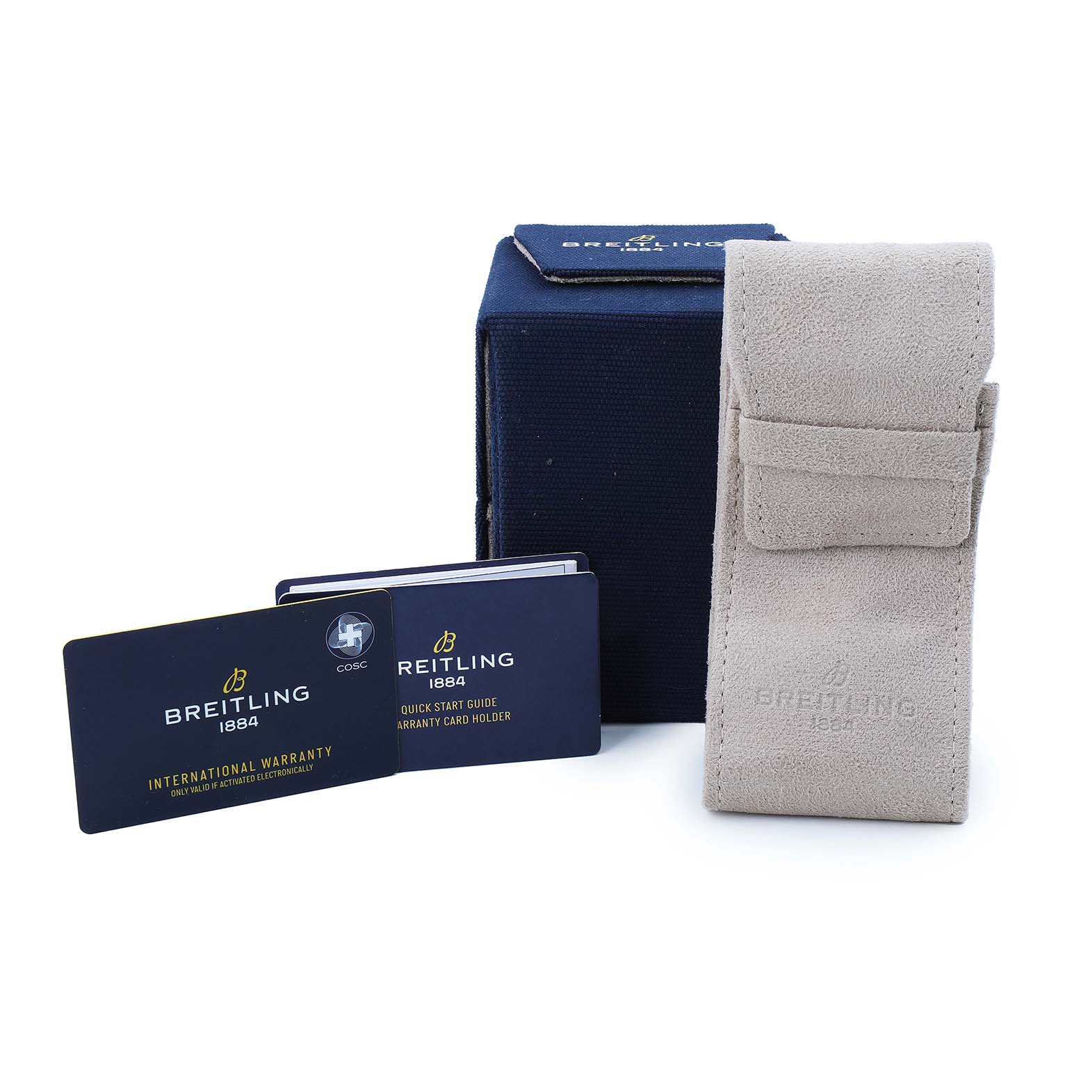 The image shows accessories for the Breitling Chronomat AB0134 Men's Stainless Steel Green Dial, including a warranty card, manual, box, and pouch.