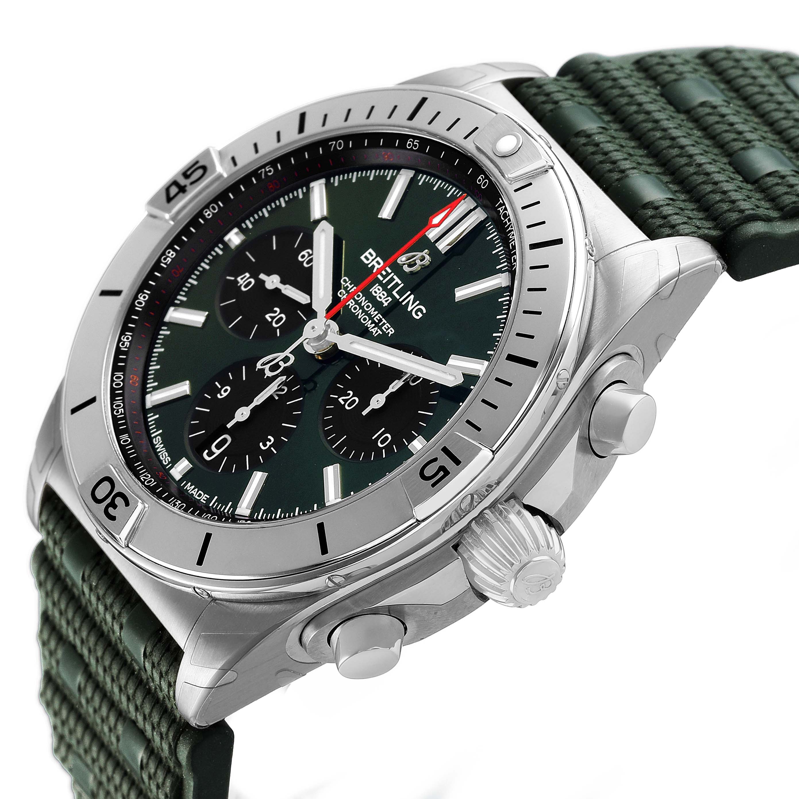 The Breitling Chronomat AB0134 Men's Stainless Steel Green Dial watch is shown at an angled side view, highlighting the dial, bezel, crown, pushers, and strap.