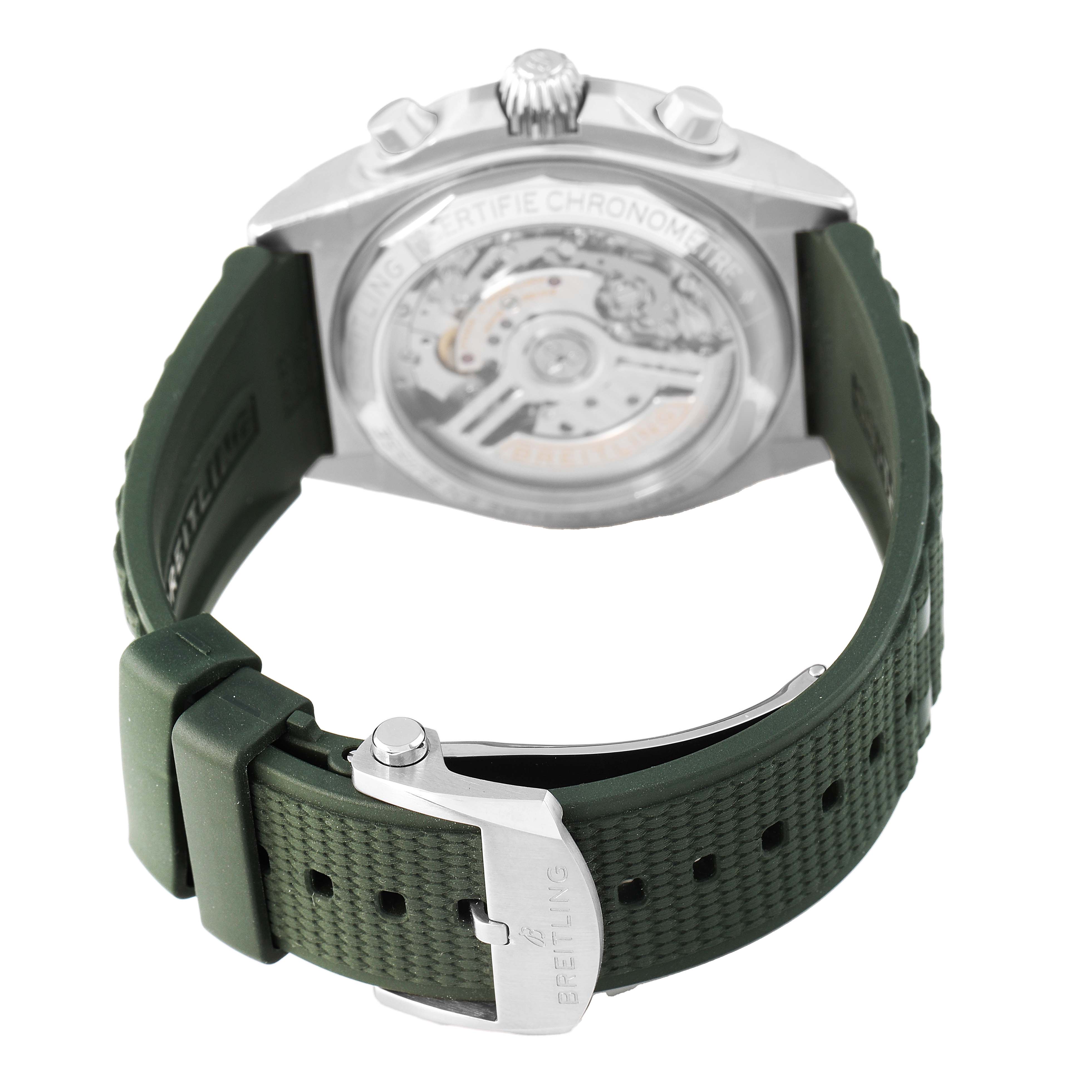 The image shows the back view of a Breitling Chronomat AB0134 Men's Stainless Steel Green Dial watch, highlighting the transparent case back and green strap with a clasp.