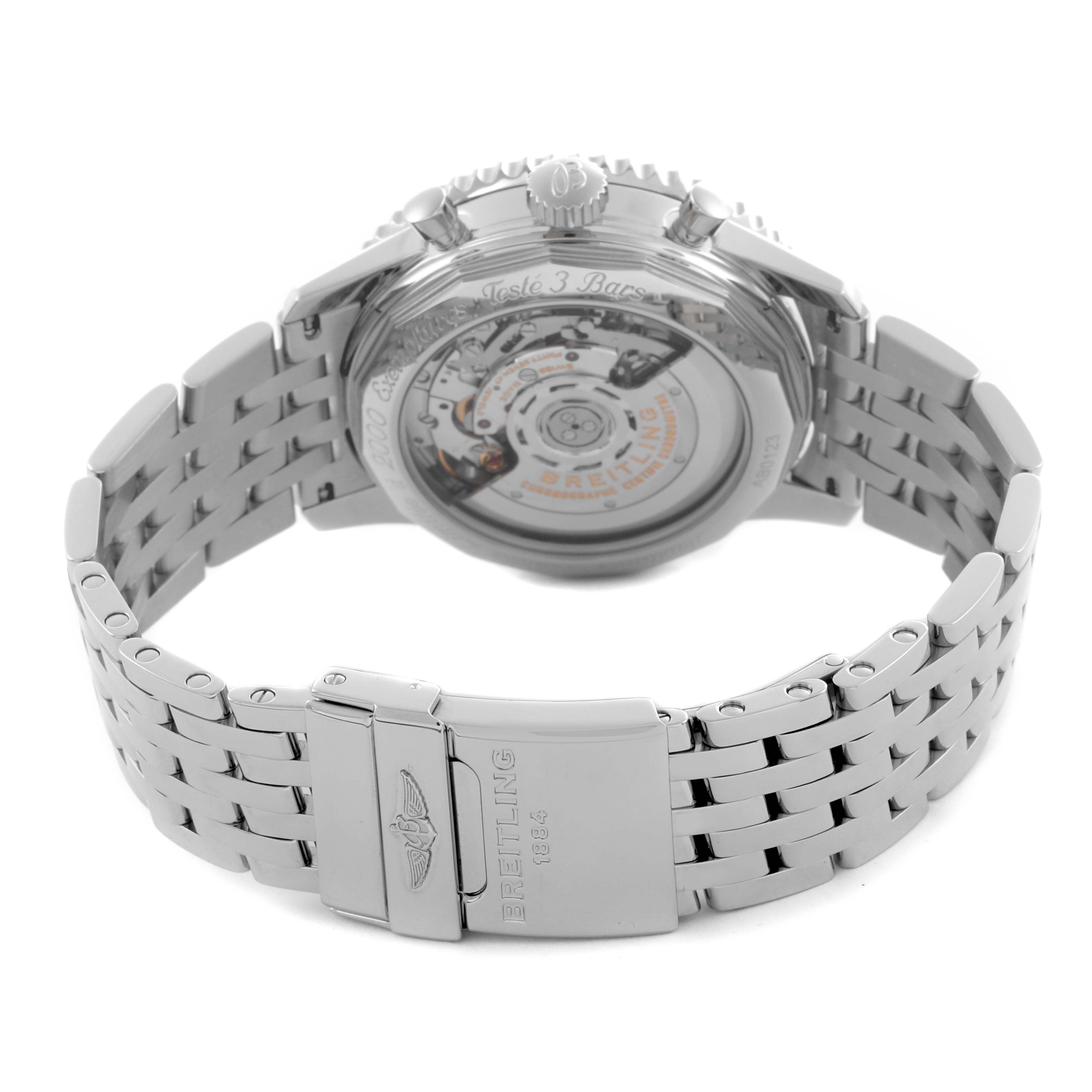 The Breitling Navitimer AB0123 Men's Stainless Steel Silver Dial AB0123 Men's Stainless Steel Silver Dial watch is shown from the back, highlighting the transparent case back and metal bracelet clasp.