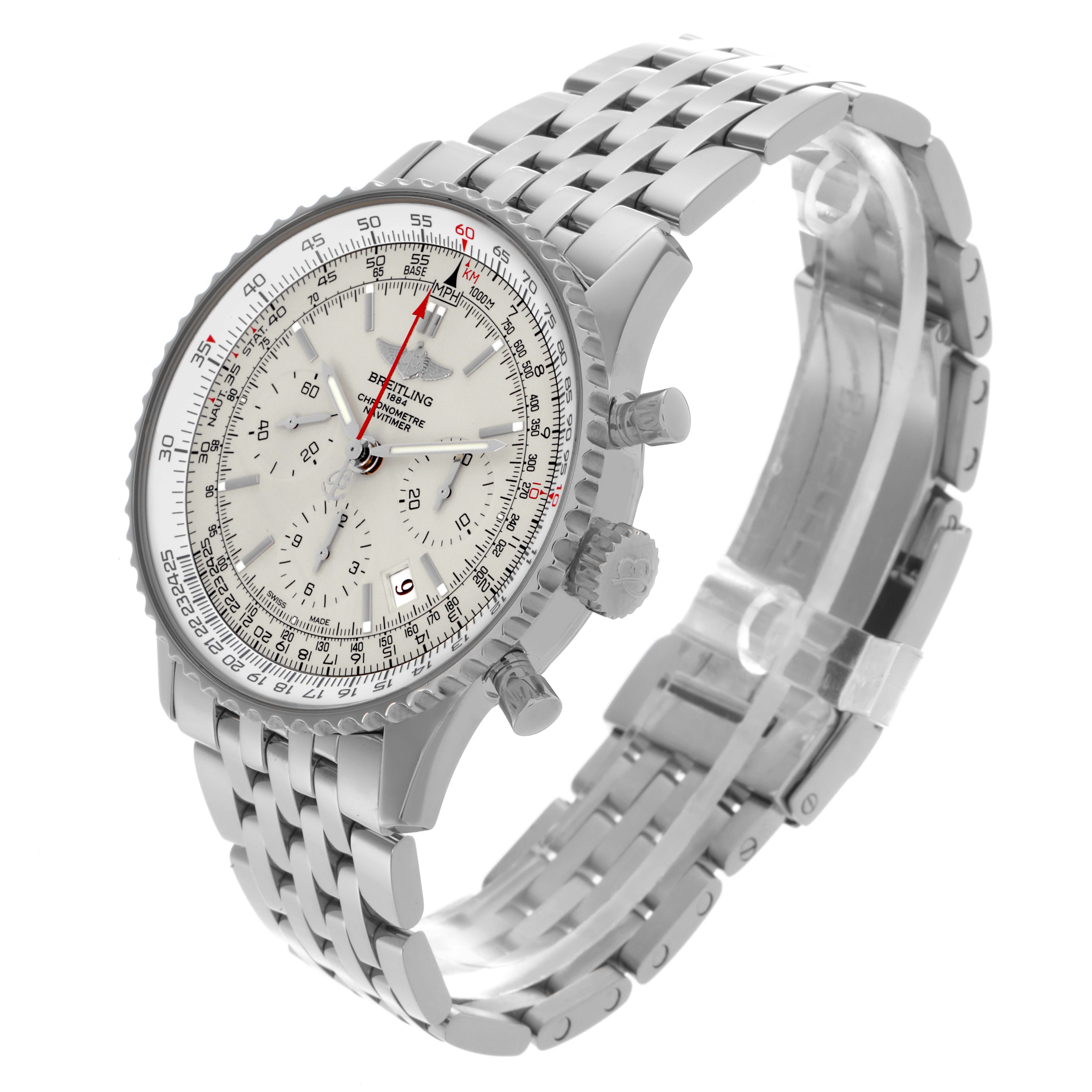 The Breitling Navitimer AB0123 Men's Stainless Steel Silver Dial AB0123 Men's Stainless Steel Silver Dial watch is shown at a three-quarter angle, highlighting the face, bezel, crown, pushers, and metal bracelet.